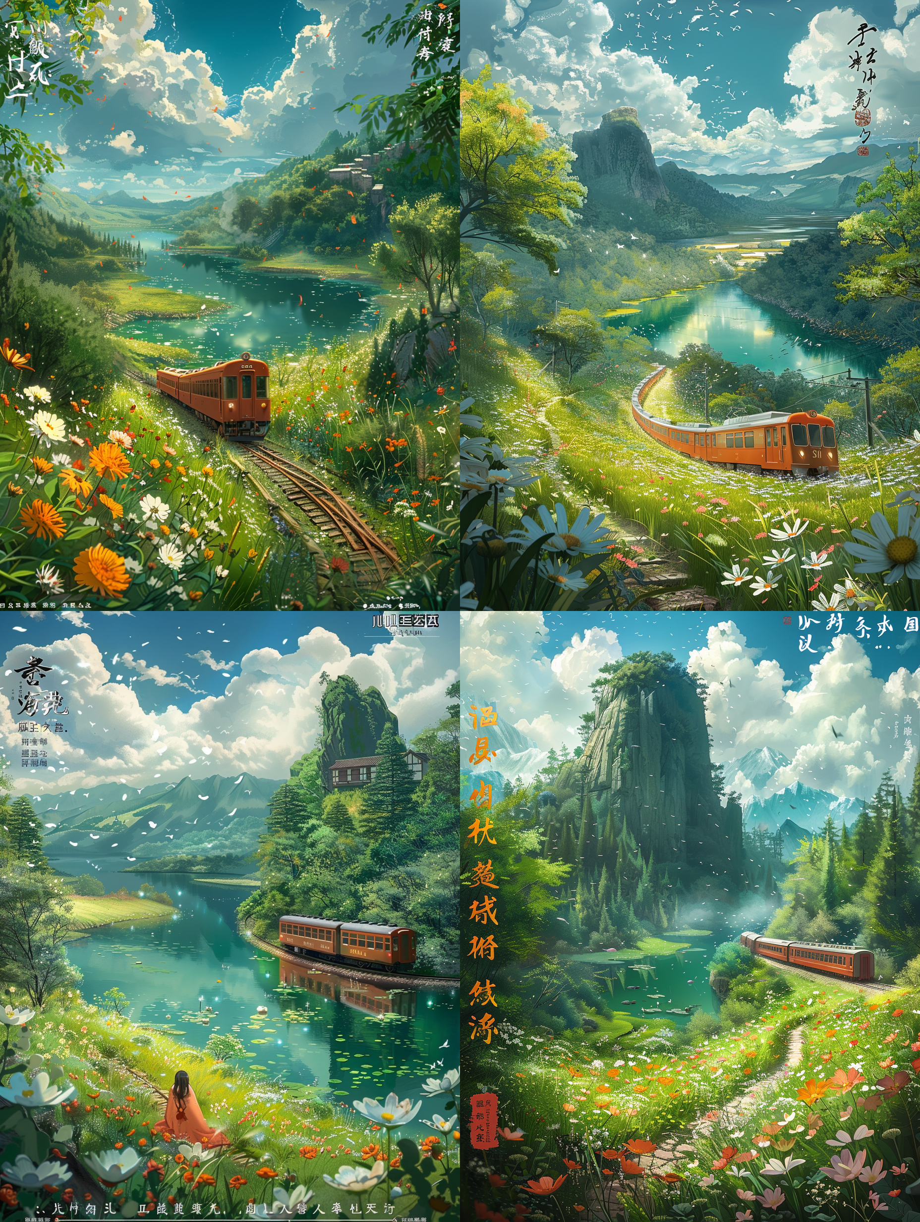 a train running in spring, with clear blue sky adorned by big fluffy white clouds. on one side, there is a shimmering lake reflecting the light, and on the other side, a green meadow adorned with blooming flowers, by makoto shinkai, in a realistic hyper detailed render style, glow, realistic oil,
