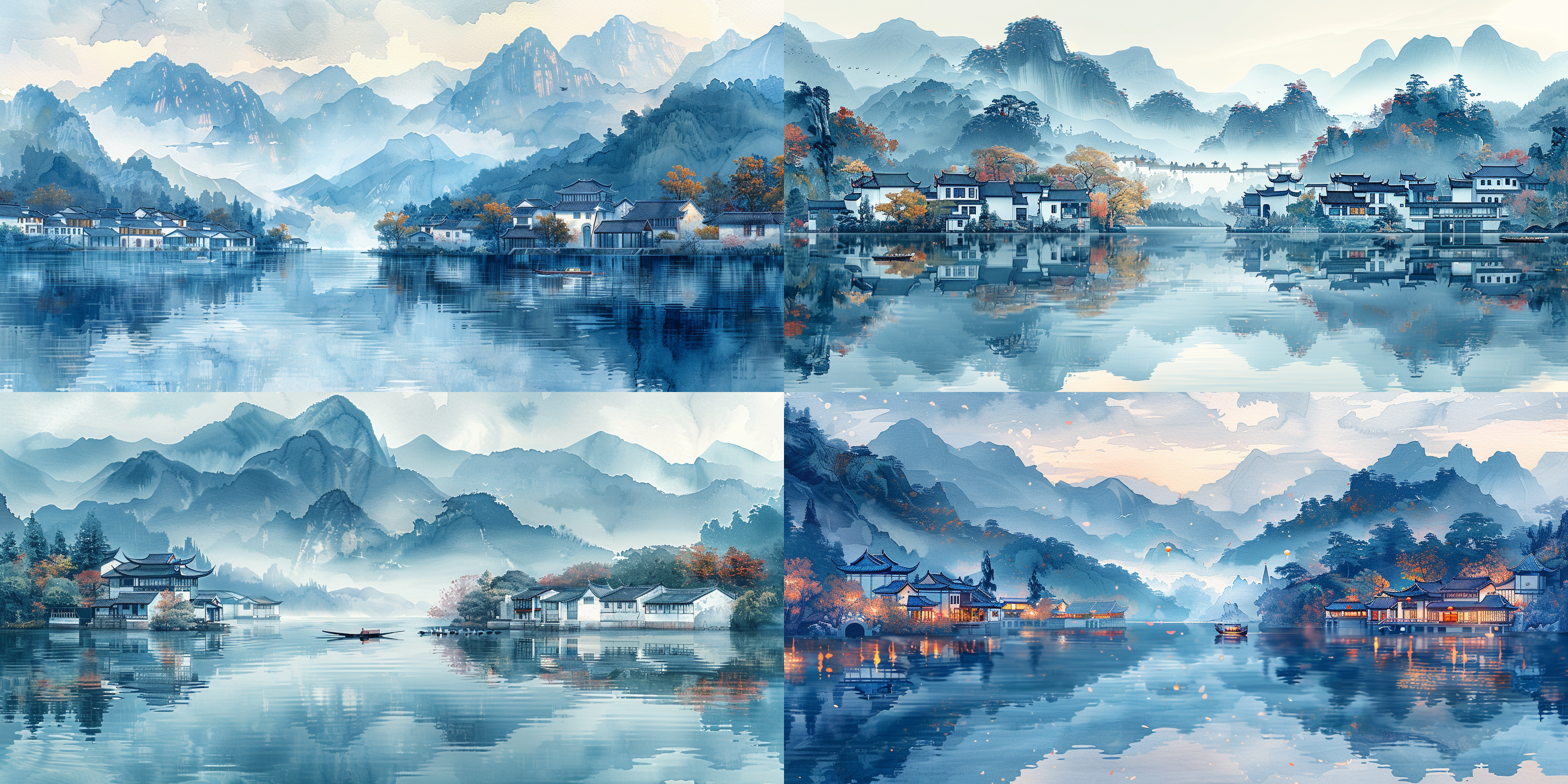 the illustration with landscape and architecture as its theme presents a light blue color scheme in the sky, with layers of mountains in the distance and a water area at the foot of the mountains. there is a row of houses with white walls and black tiles by the water, which reflect beautifully in the water. in addition, a small boat is moored at the far right. the entire scene gives a sense of tranquility and peace. chinese style, light watercolor