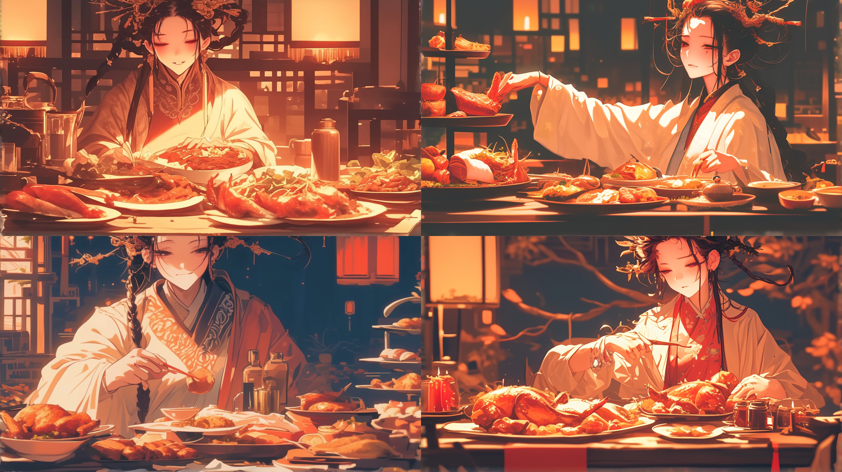 一个人坐在餐桌前，享用丰盛的晚餐，桌上摆满各式美食。温馨的家庭氛围，明亮的照明，多种颜色的食物构成了丰富的画面。家庭聚餐，温馨，明亮，餐桌布景，标准镜头，室内光线，享用美食，幸福。