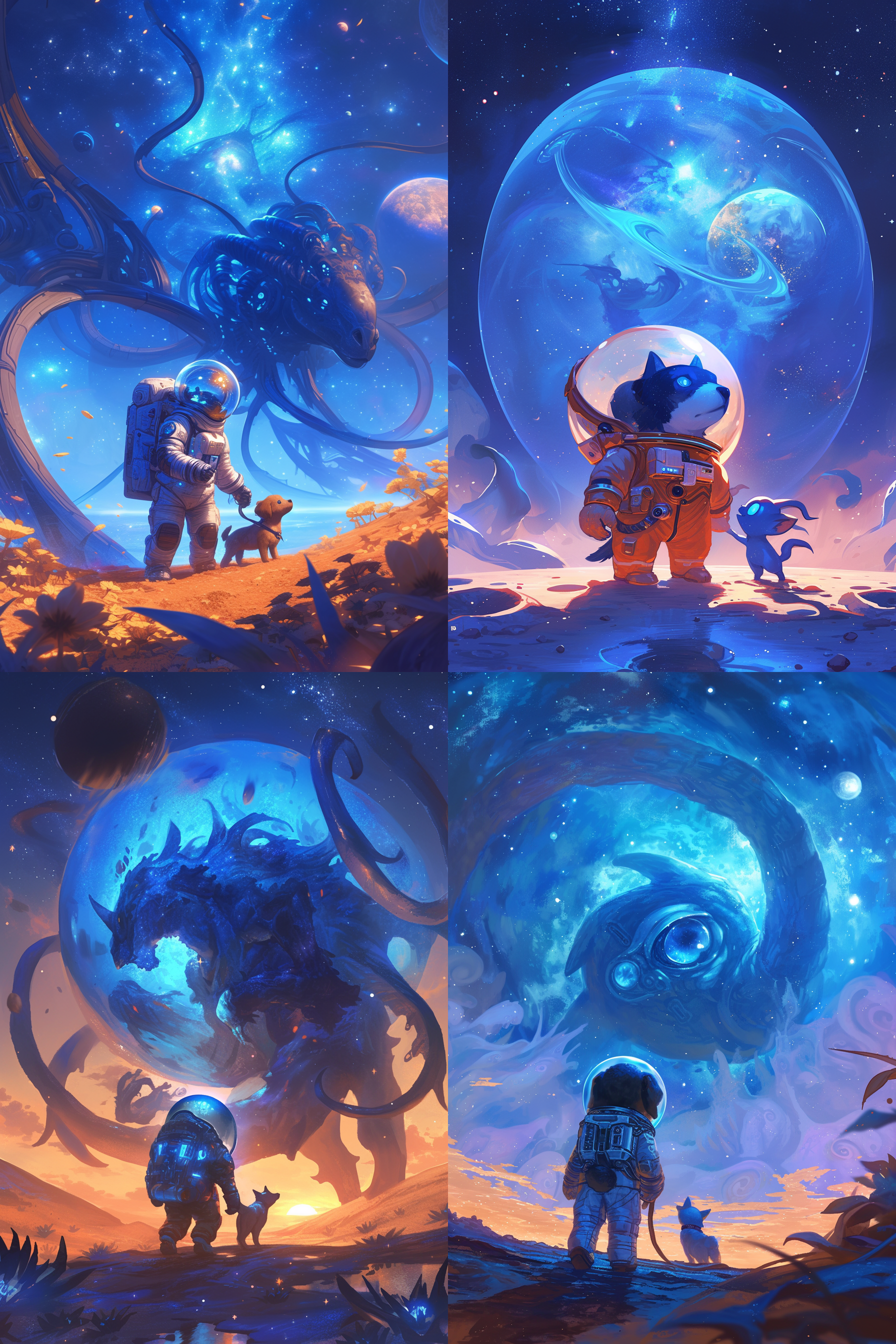 一只小狗在外星人的陪伴下漫步，背景是宇宙空间，小狗穿着太空服，外星人有蓝色皮肤和大眼睛。科幻风格，宇宙空间，长焦镜头，虚化背景，冷色调，对称构图，微笑，好奇，孤独。