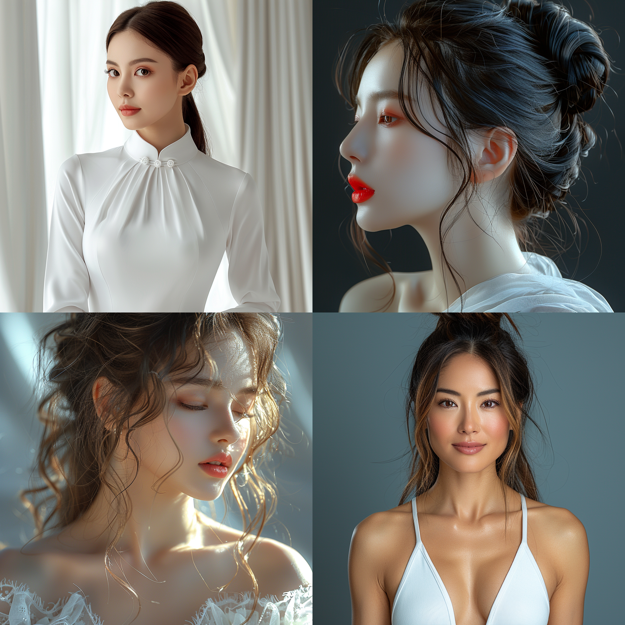 中国女生，女性肖像，迷人的侧脸，雪白的皮肤，流畅线条，自信优雅，肖像镜头，面带微笑，白色连衣裙，简约纯色背景，侧光, 人像摄影,，高清晰度