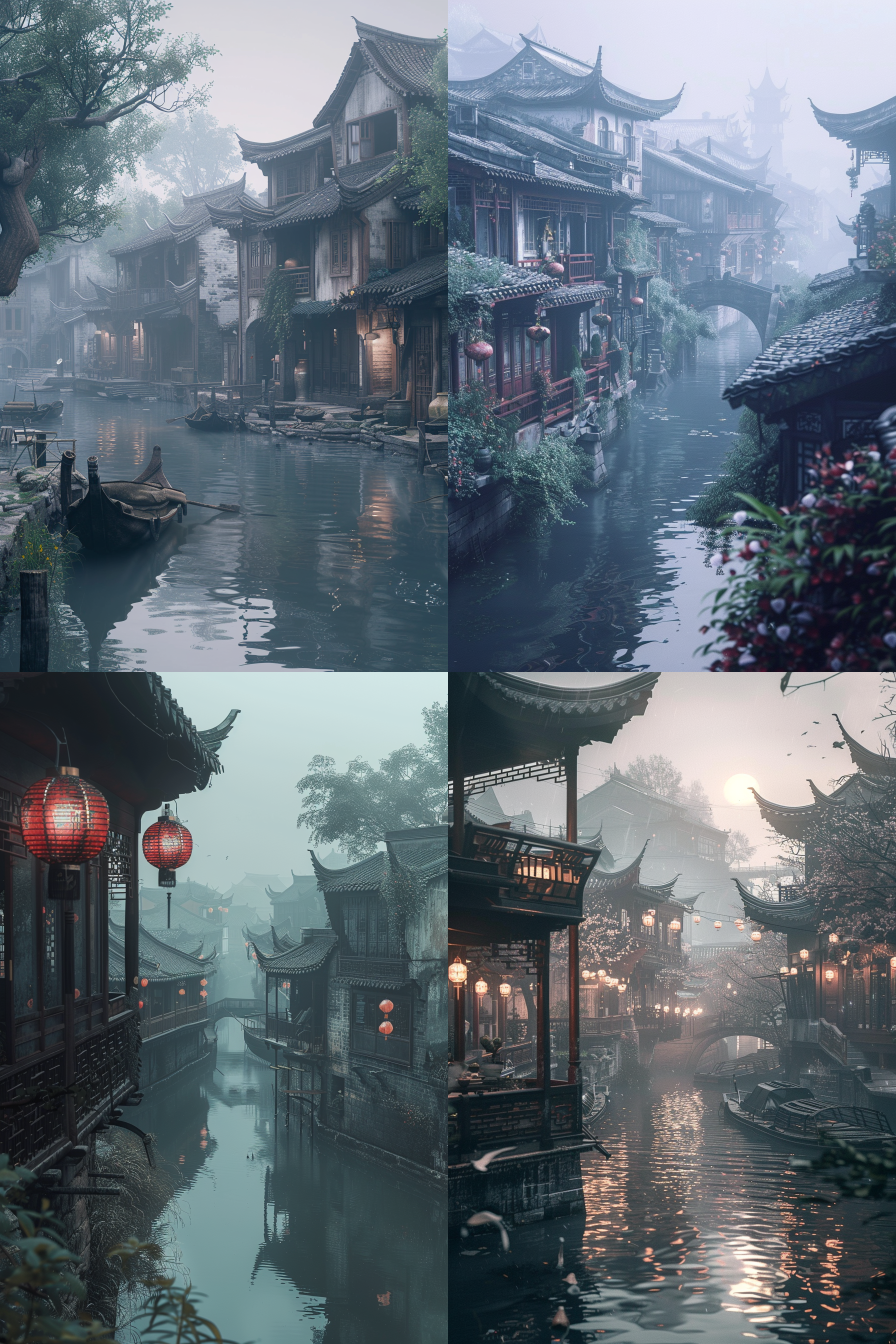 an ancient chinese village setting on a canal, in the style of soft edges and atmospheric effects, moody color schemes, misty atmosphere, dynamic lighting, photo-realistic techniques, high quality photo,8k,