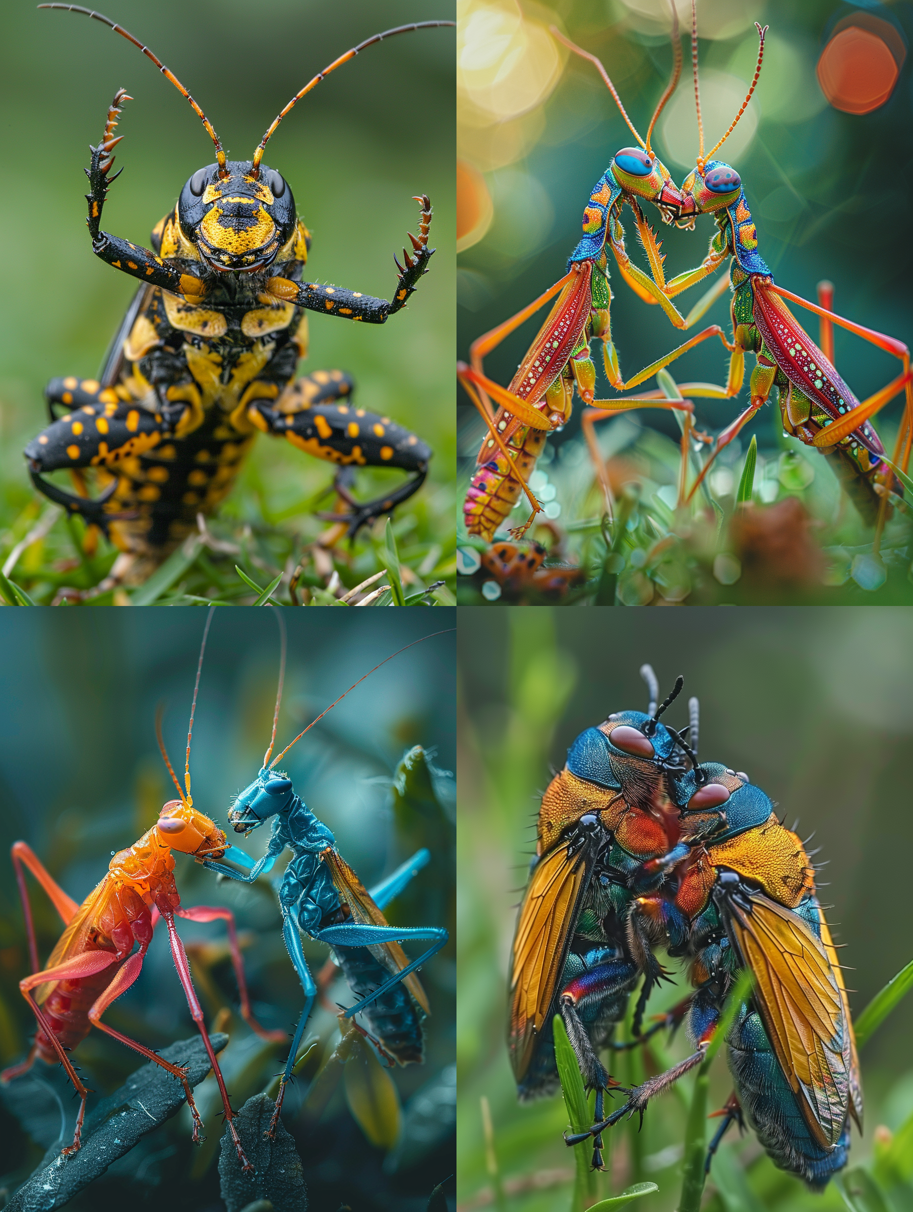 昆虫格斗，彩色，功夫造型，微距镜头，草地上，鲜艳色彩，高速快门，扭动，挑战，兴奋。