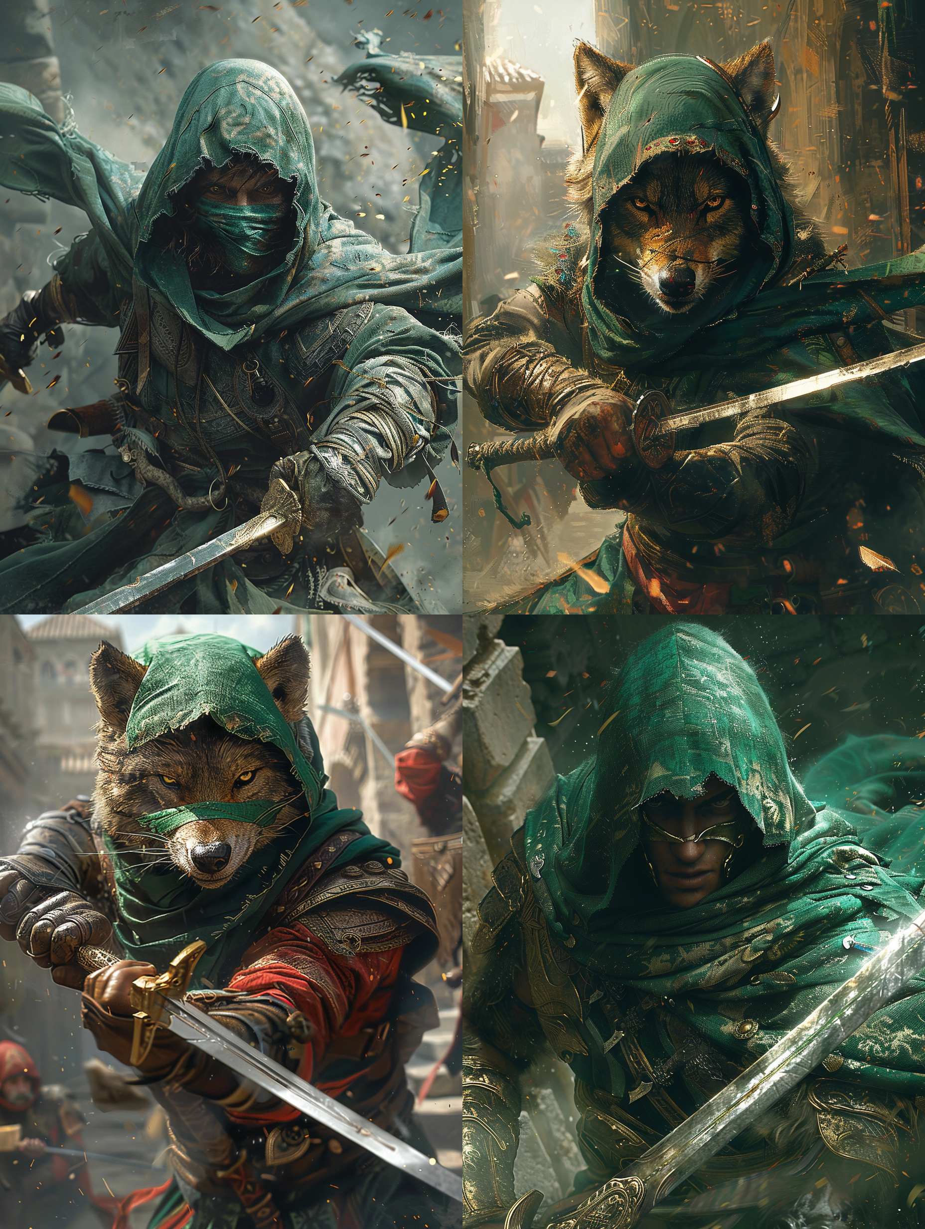 狼剑客战斗，高角度视角，明亮色调，古代街道，广角镜头，侧光，挥剑动作，绿色头巾，双手拿刀，紧张，自信。