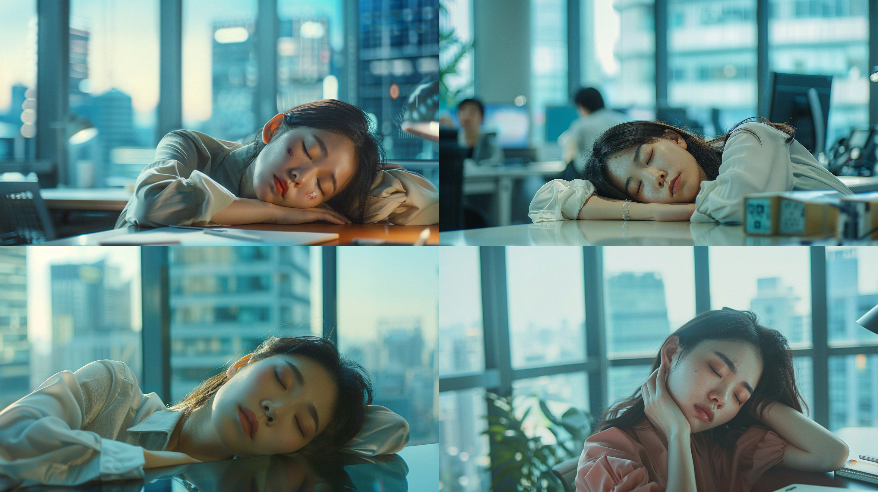 写字楼办公室，高大落地窗，一个年轻靓丽的亚洲女性白领，左边嘴角有颗痣，她趴在办公桌上睡觉，有恐惧表情