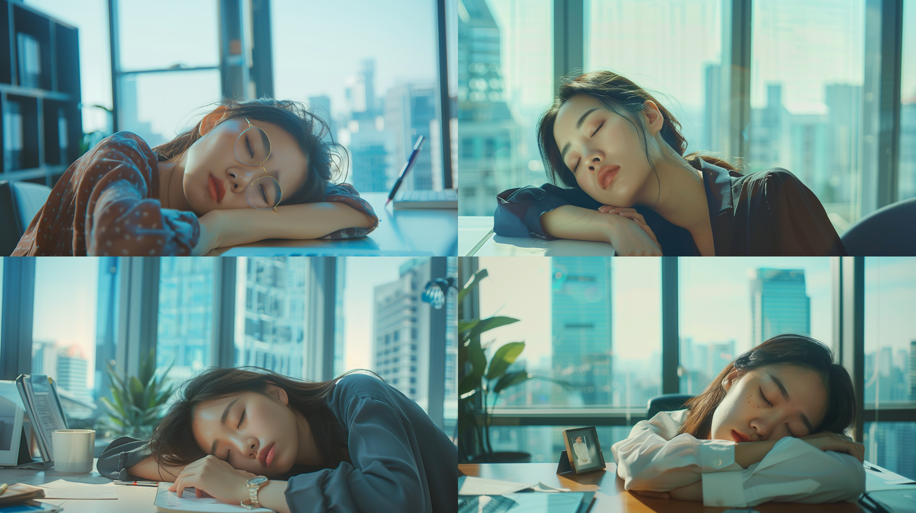 写字楼办公室，高大落地窗，一个年轻靓丽的亚洲女性白领，左边嘴角有颗痣，她趴在办公桌上睡觉，有恐惧表情