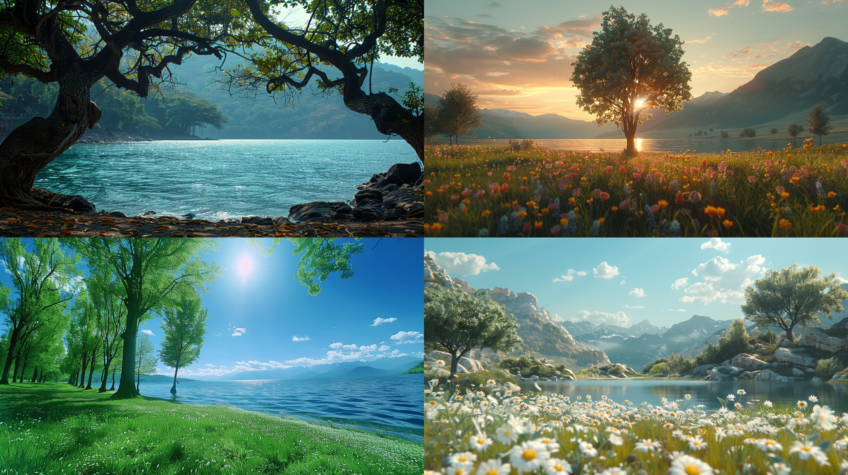 湖泊山林，大树山坡，翠绿树叶，鲜花草地，阳光灿烂，广角镜头，大景深，高清彩色，风景摄影，自然环境，宁静，和谐。