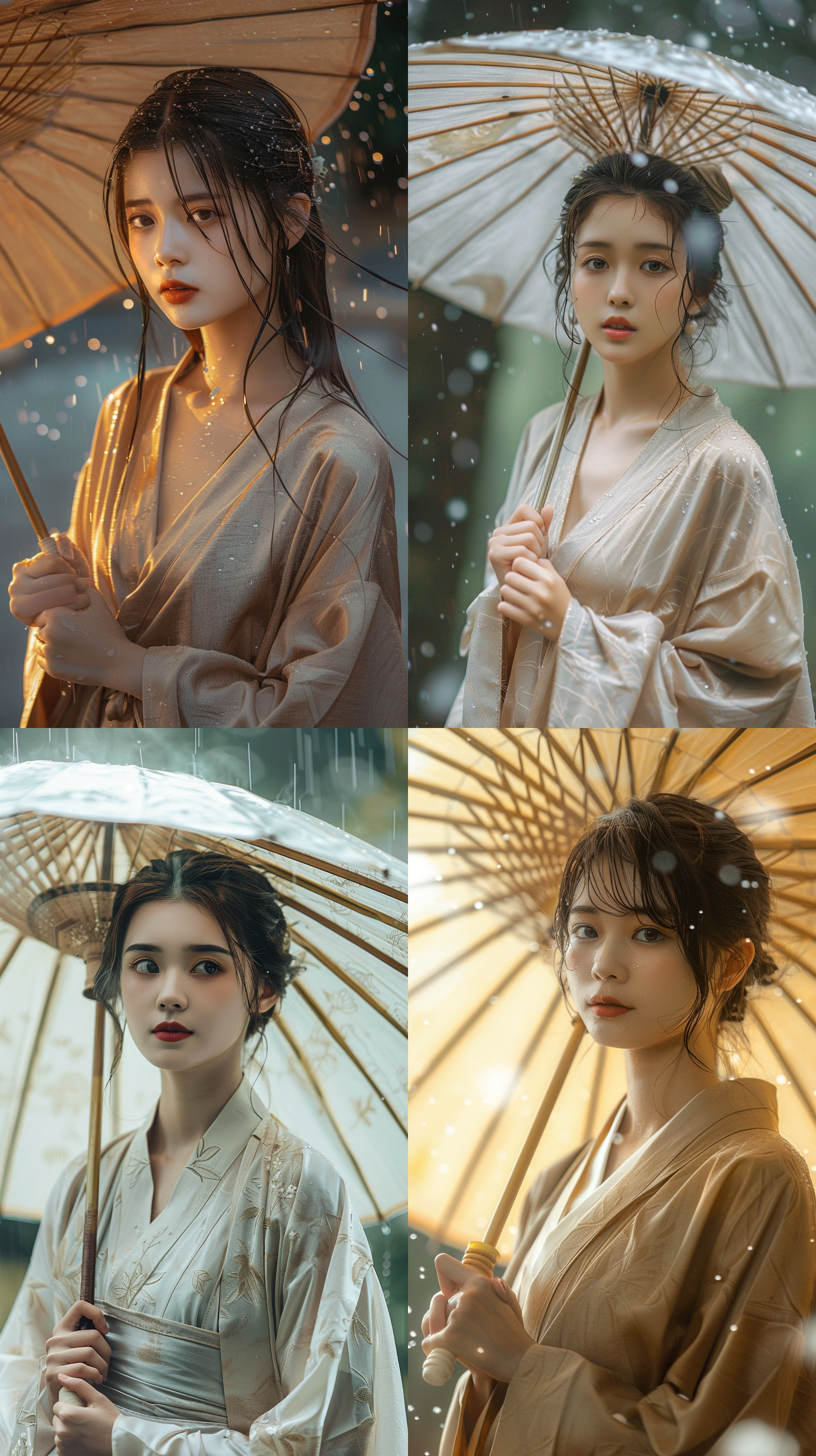 小姐姐撑油纸伞，春雨中，身材丰满，穿着睡衣，古典风情，正面构图，柔和色调，长焦镜头，静态，优雅。
