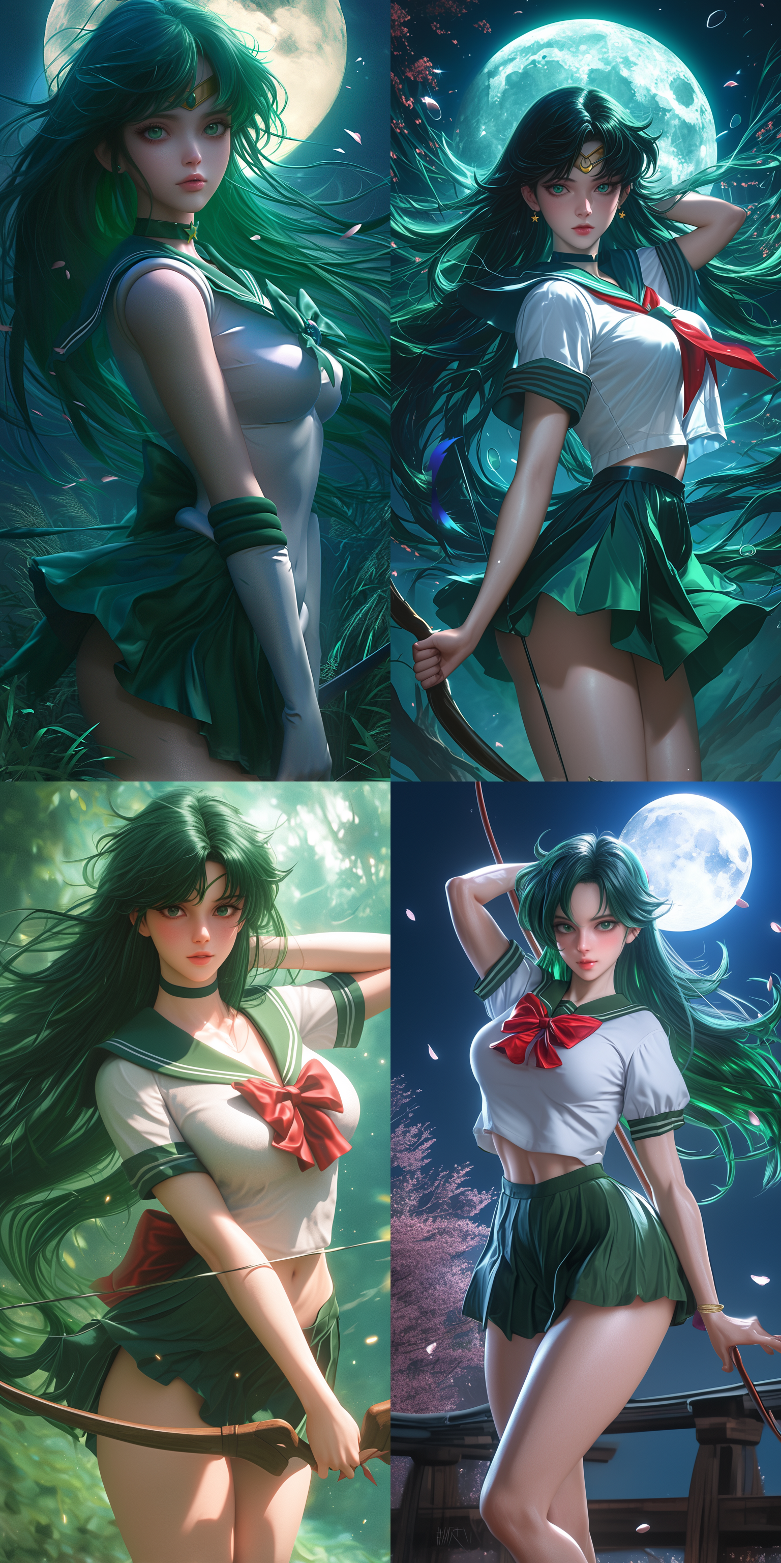 higurashi kagome, sailor uniform, goddess of the hunt and the moon, realistic shaded perfect body, green skin, anime inspiration, 3dcg, bathed in moonlight, charli bowater and artgeem, archers, 1993 anime, anime visual style, akali, by kim myeong-guk, evan lee