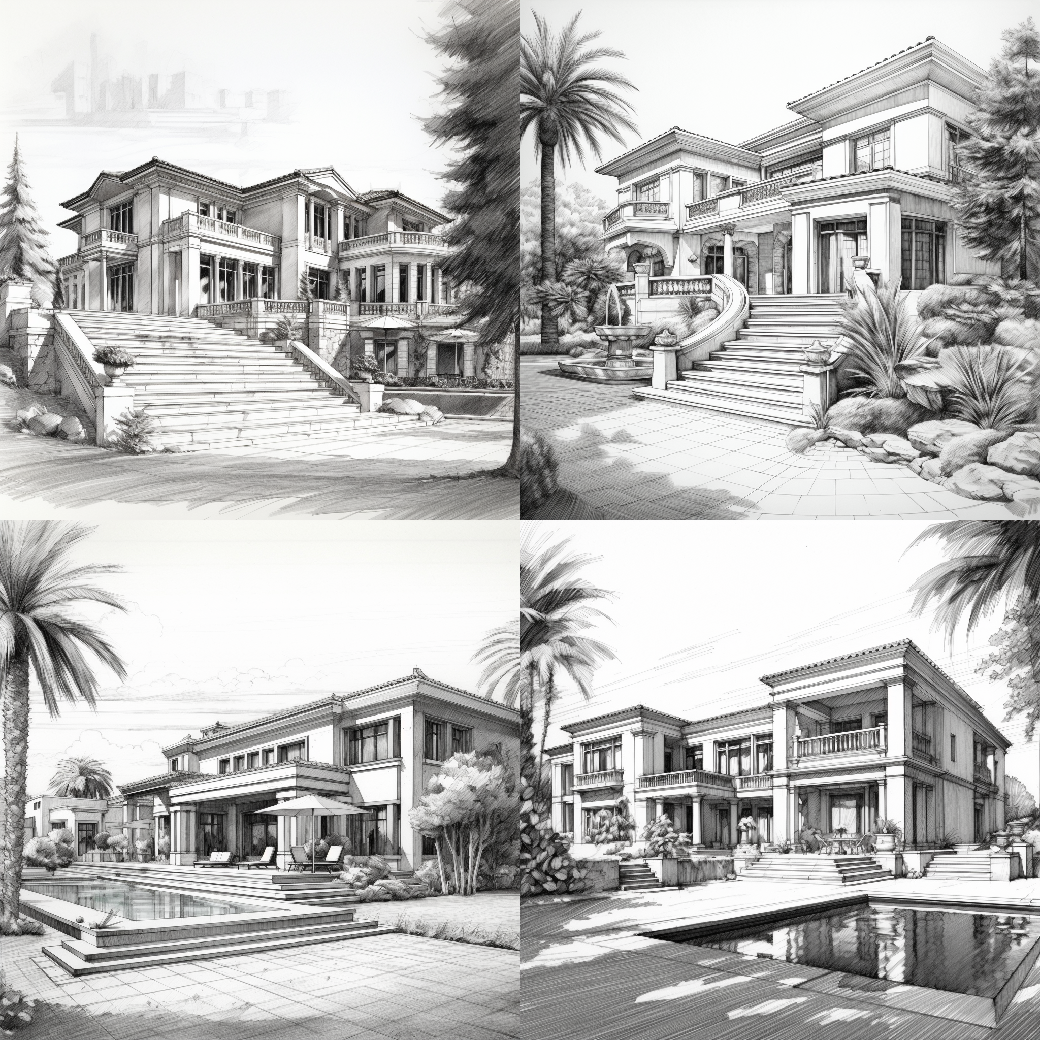 别墅设计图，铅笔画，对角线构图，细节丰富，复古风格，明暗对比，大片绿植，透视效果，精细阴影，自然光线，优雅氛围。