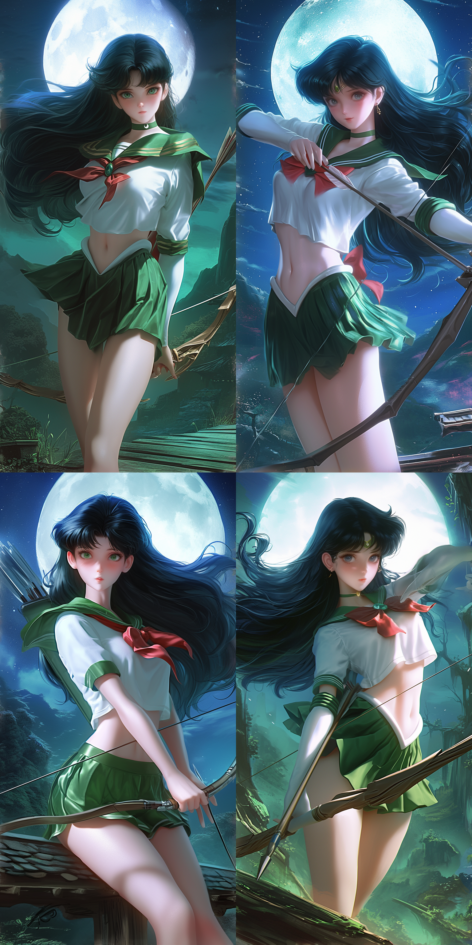 liang xing, sailor uniform, goddess of the hunt and the moon, realistic shaded perfect body, green skin, anime inspiration, 3dcg, bathed in moonlight, charli bowater and artgeem, archers, 1993 anime, anime visual style, akali, by kim myeong-guk, evan lee