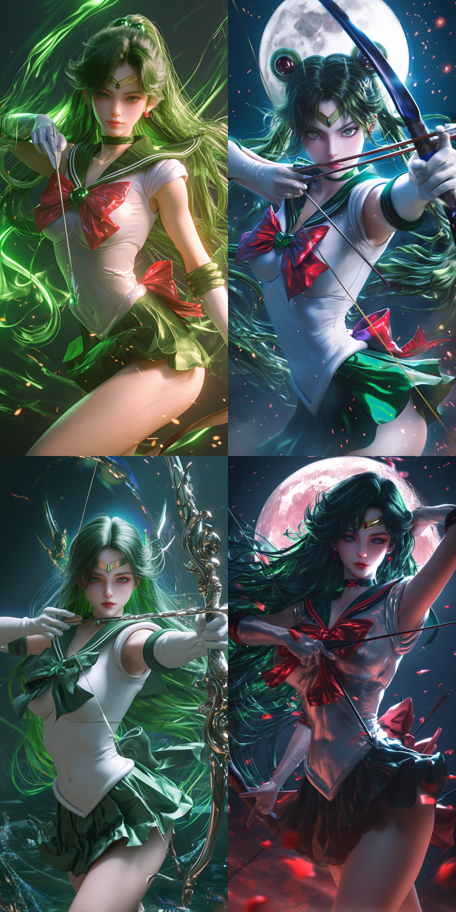 liang xing, sailor uniform, goddess of the hunt and the moon, realistic shaded perfect body, green skin, anime inspiration, 3dcg, bathed in moonlight, charli bowater and artgeem, archers, 1993 anime, anime visual style, akali, by kim myeong-guk, evan lee