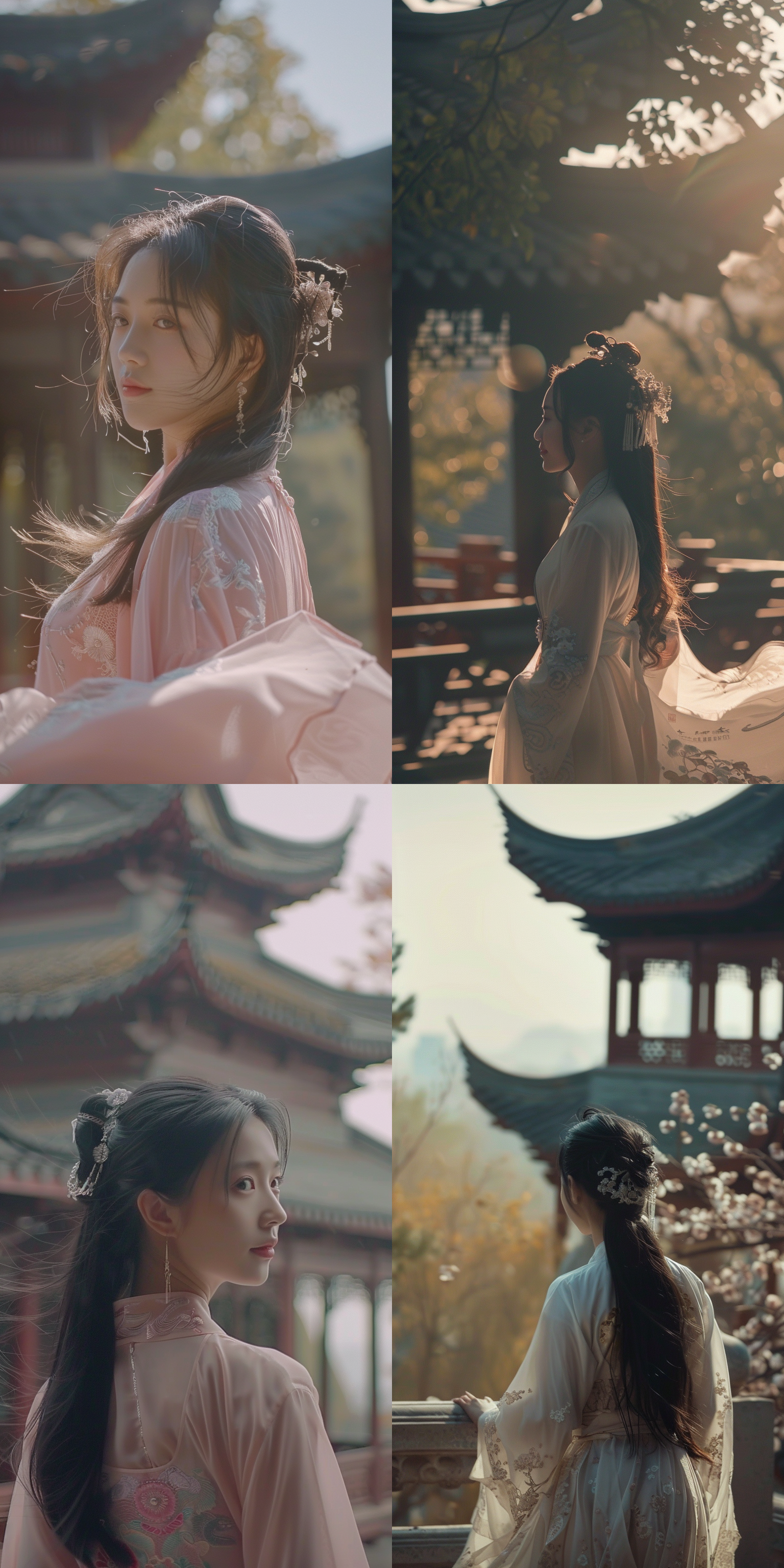 一个中国女孩，穿着传统汉服，站在古老的亭台楼阁前，微风吹动她黑色长发，她眺望远方，面带微笑。古风仙气，柔和色调，逆光拍摄，长焦镜头，端庄优雅，宁静祥和，自然光线，温暖情感。