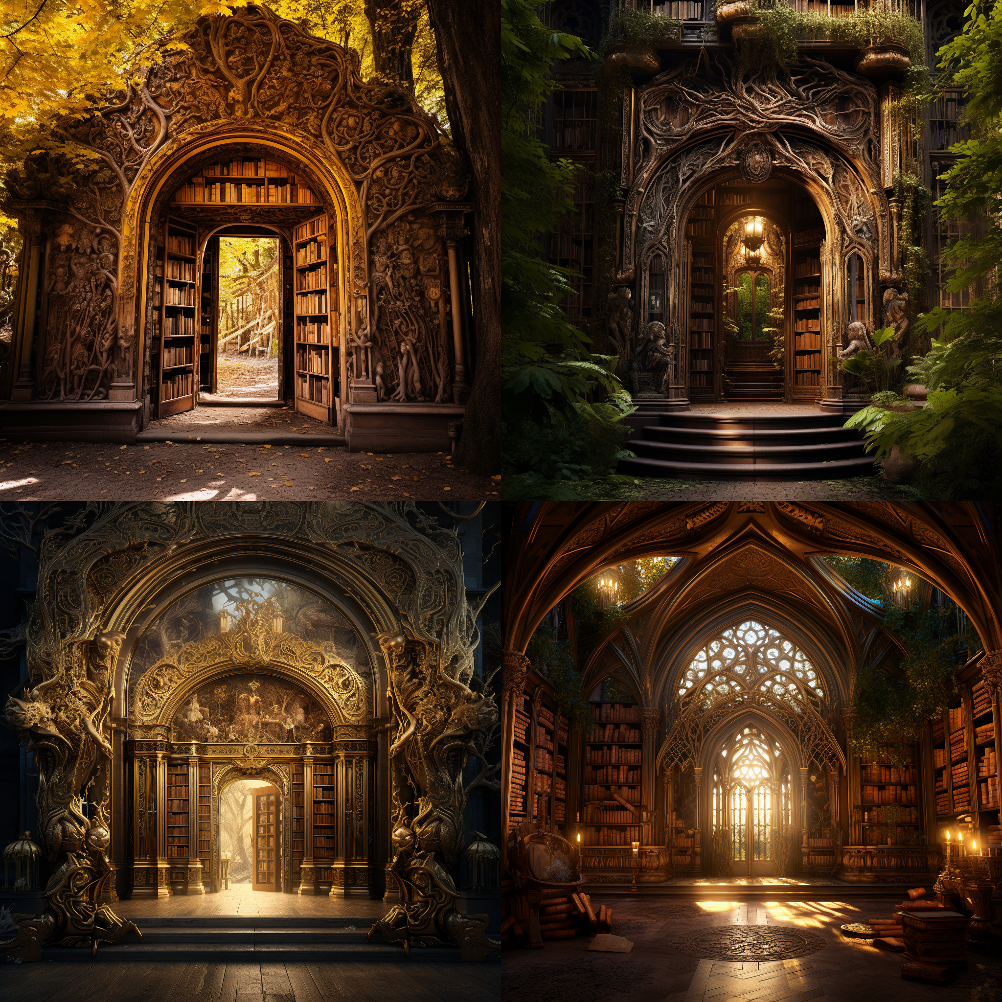 想象一下，在一个宁静的午后，一个古老的图书馆坐落在一片神秘的森林中。图书馆的扭曲木门半敞开，透露出室内柔和的金色灯光。门上镶嵌着复杂的图案和象征符号，看起来像是用古代的语言雕刻的。进入图书馆的一瞬间，你就能看到漂浮在空中的书籍，它们的页面轻轻翻动，仿佛在低语。有些书籍散发着淡淡的光辉，而有些则紧闭着，上面镶嵌着奇珍宝石。 在房间的正中央，一张巨大的木制桌子上摆放着一个古铜色的天球仪，它缓缓转动，展现出一个未知的星系。桌子上还有一篇散发着淡淡魔力的羊皮纸卷轴，周围点缀着燃烧着稀奇古怪火焰的烛台。房间的角落里，一个高大的镂空书架靠墙而立，上面放满了种类繁多的神秘药瓶和发出微光的水晶球。 图书馔每个角落都弥漫着历史的气息和探险的诱惑。一只有着明智眼睛的猫咪静静卧在窗边，窗外是一片静谧的湖泊，水面上漂浮着几朵莲花，偶尔有蜻蜓停留在其上。这个场景是探索未知的完美装置，等待着冒险者来解开它的秘密。