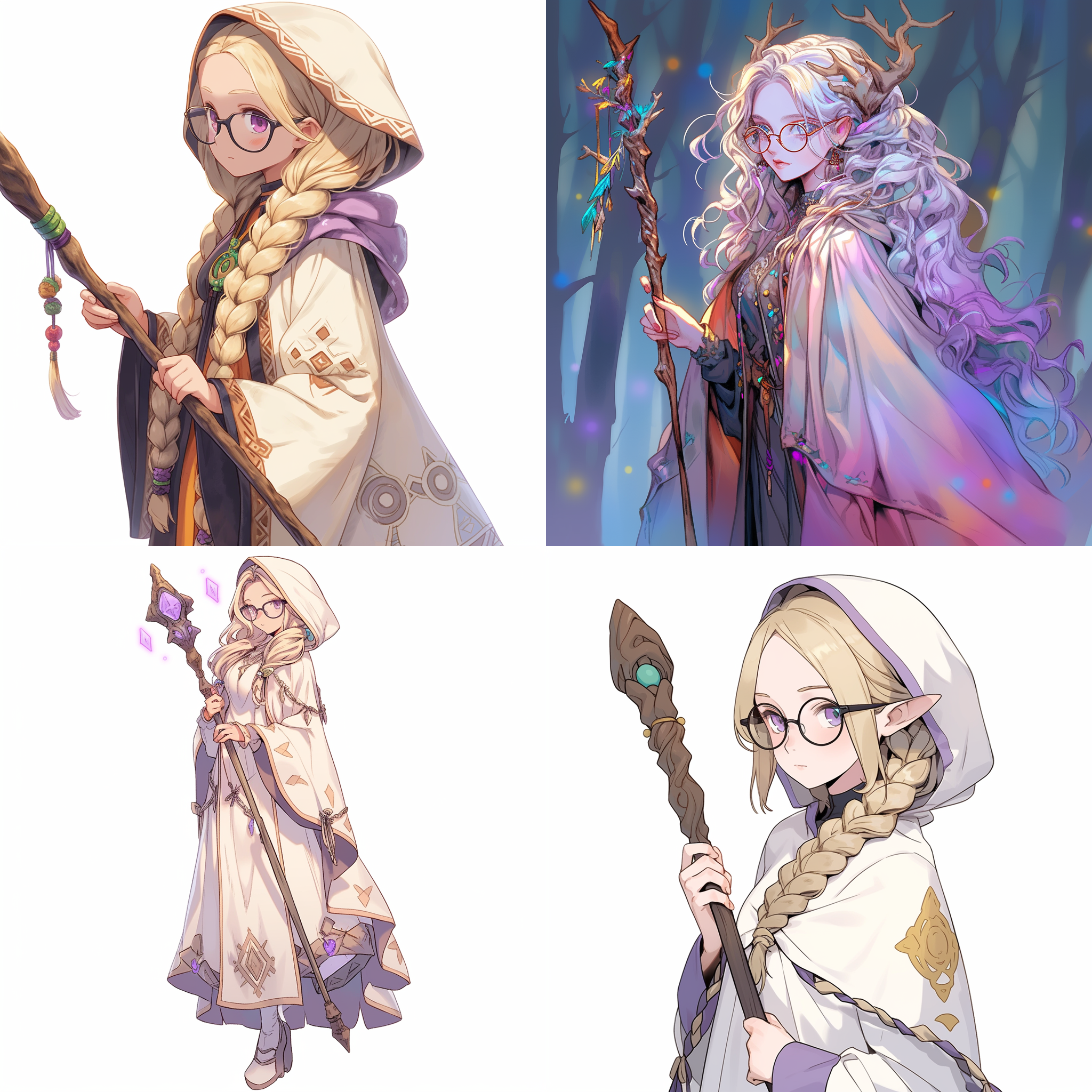 身材修长，一头黄色头发扎成辫子，紫色的眼镜，白皮肤，身穿法袍，手上拿着一根法杖的女精灵