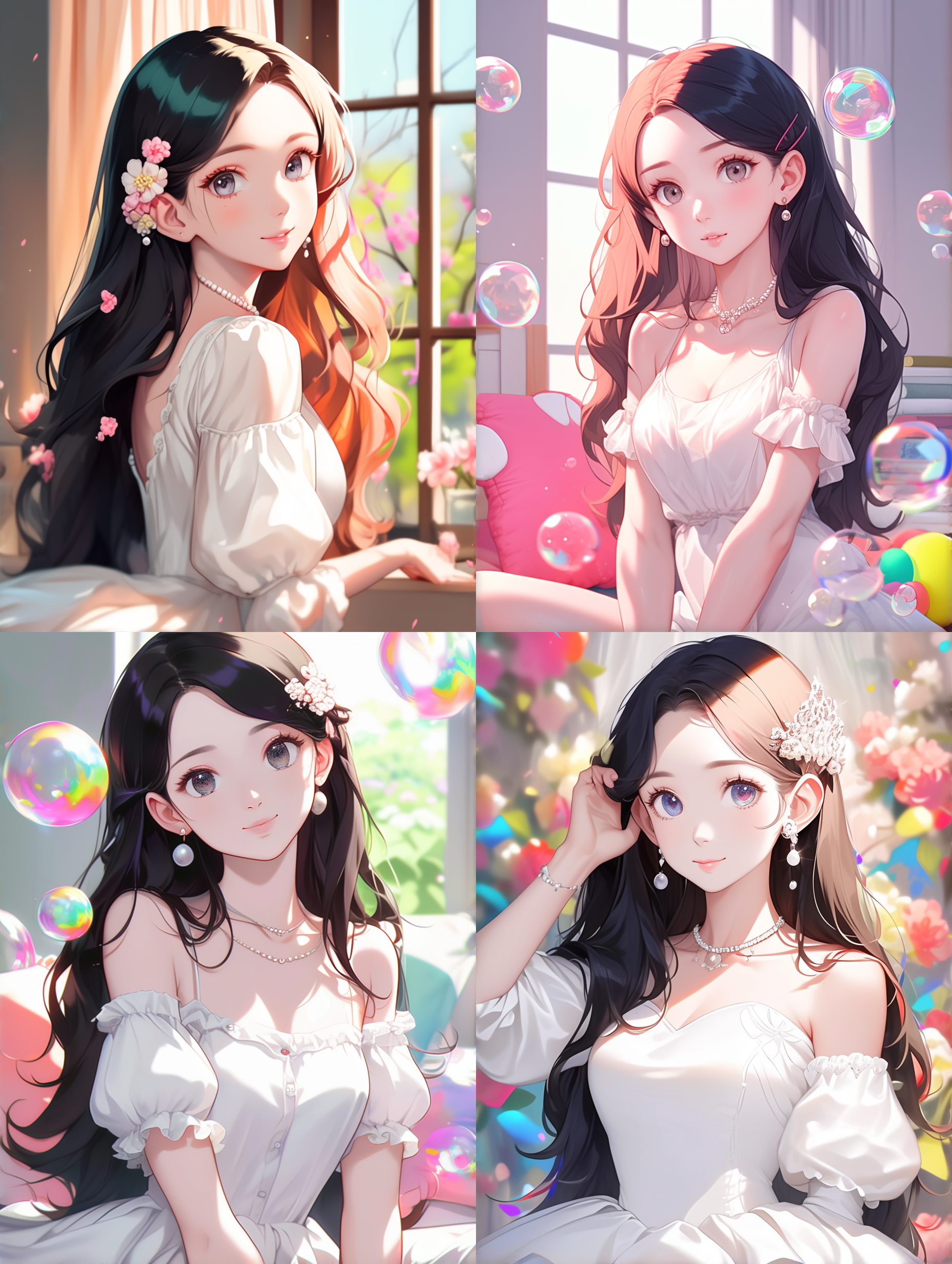 动漫风格，春季卧室里的长发女孩，3岁，开心，圆脸，穿着白色公主裙，泡泡袖，珍珠项链，可爱梦幻，可爱风格，明亮，动漫美学，卡通主题场景，高质量，高清，鲜艳色彩。