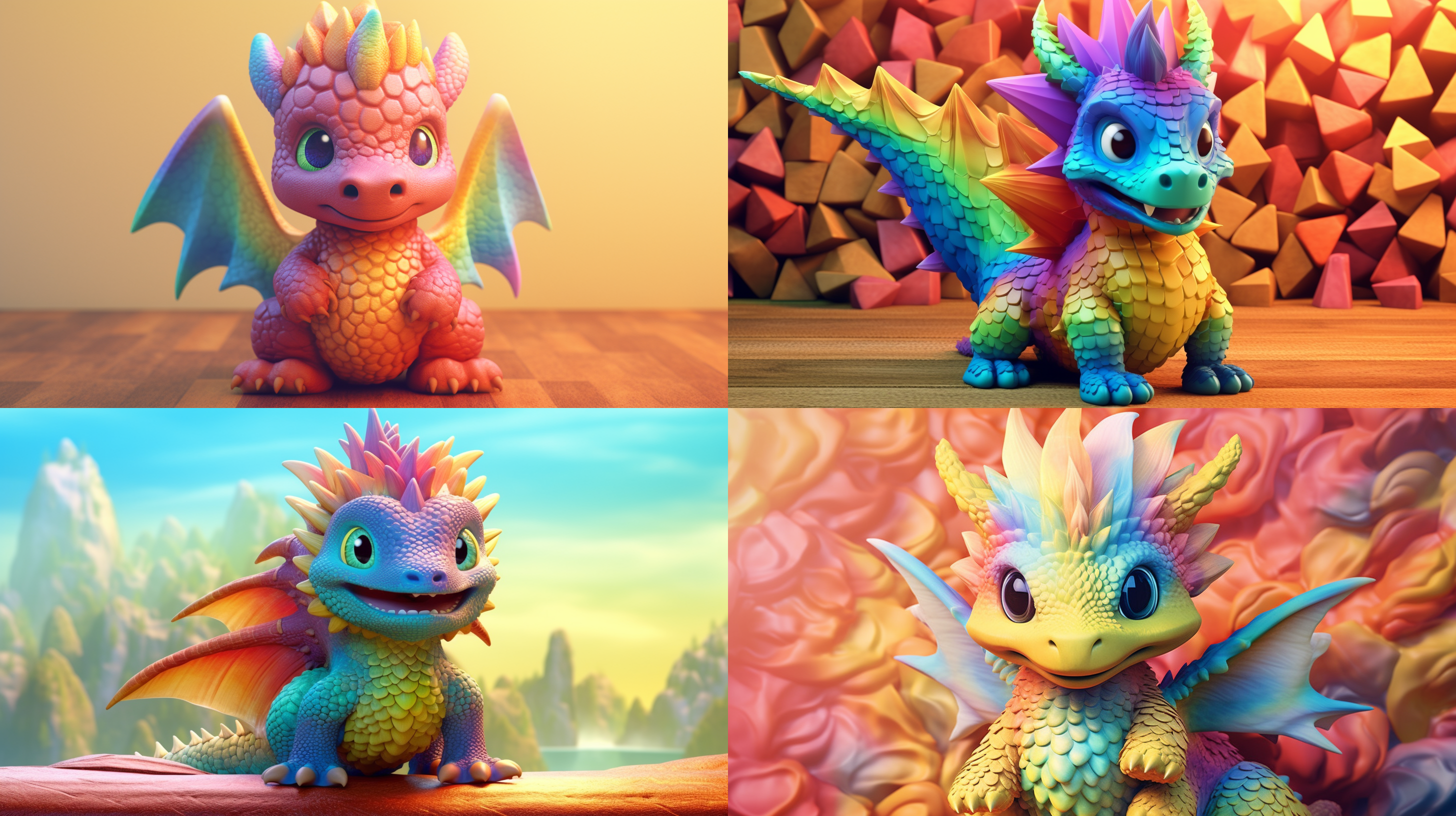 龙宝宝，卡通形象，立体感增强，3d色彩渲染，自然光线，柔和, 三角构图, 童趣, 温馨, 梦幻, 彩虹色调.