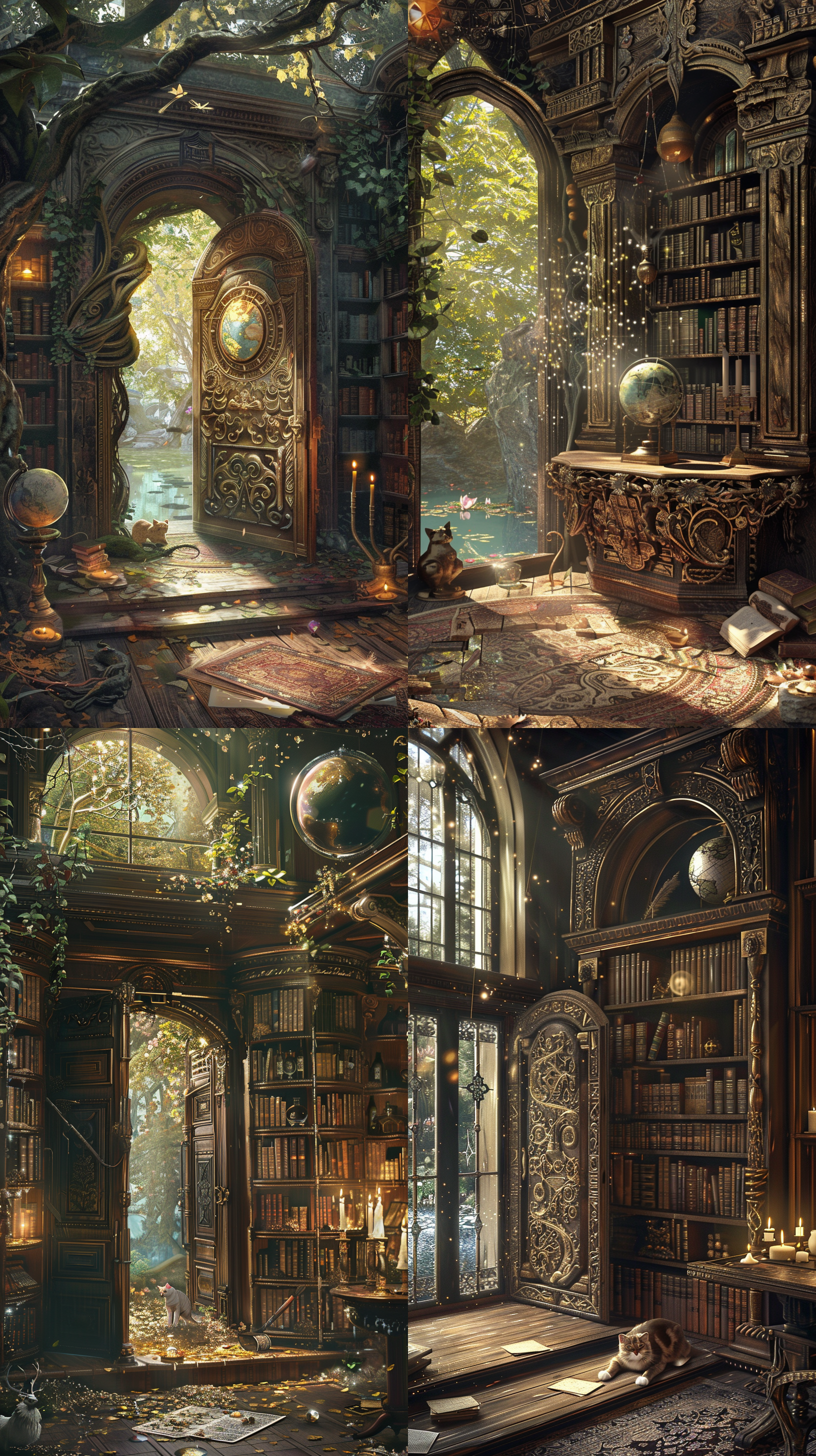 想象一下，在一个宁静的午后，一个古老的图书馆坐落在一片神秘的森林中。图书馆的扭曲木门半敞开，透露出室内柔和的金色灯光。门上镶嵌着复杂的图案和象征符号，看起来像是用古代的语言雕刻的。进入图书馆的一瞬间，你就能看到漂浮在空中的书籍，它们的页面轻轻翻动，仿佛在低语。有些书籍散发着淡淡的光辉，而有些则紧闭着，上面镶嵌着奇珍宝石。 在房间的正中央，一张巨大的木制桌子上摆放着一个古铜色的天球仪，它缓缓转动，展现出一个未知的星系。桌子上还有一篇散发着淡淡魔力的羊皮纸卷轴，周围点缀着燃烧着稀奇古怪火焰的烛台。房间的角落里，一个高大的镂空书架靠墙而立，上面放满了种类繁多的神秘药瓶和发出微光的水晶球。 图书馔每个角落都弥漫着历史的气息和探险的诱惑。一只有着明智眼睛的猫咪静静卧在窗边，窗外是一片静谧的湖泊，水面上漂浮着几朵莲花，偶尔有蜻蜓停留在其上。这个场景是探索未知的完美装置，等待着冒险者来解开它的秘密。