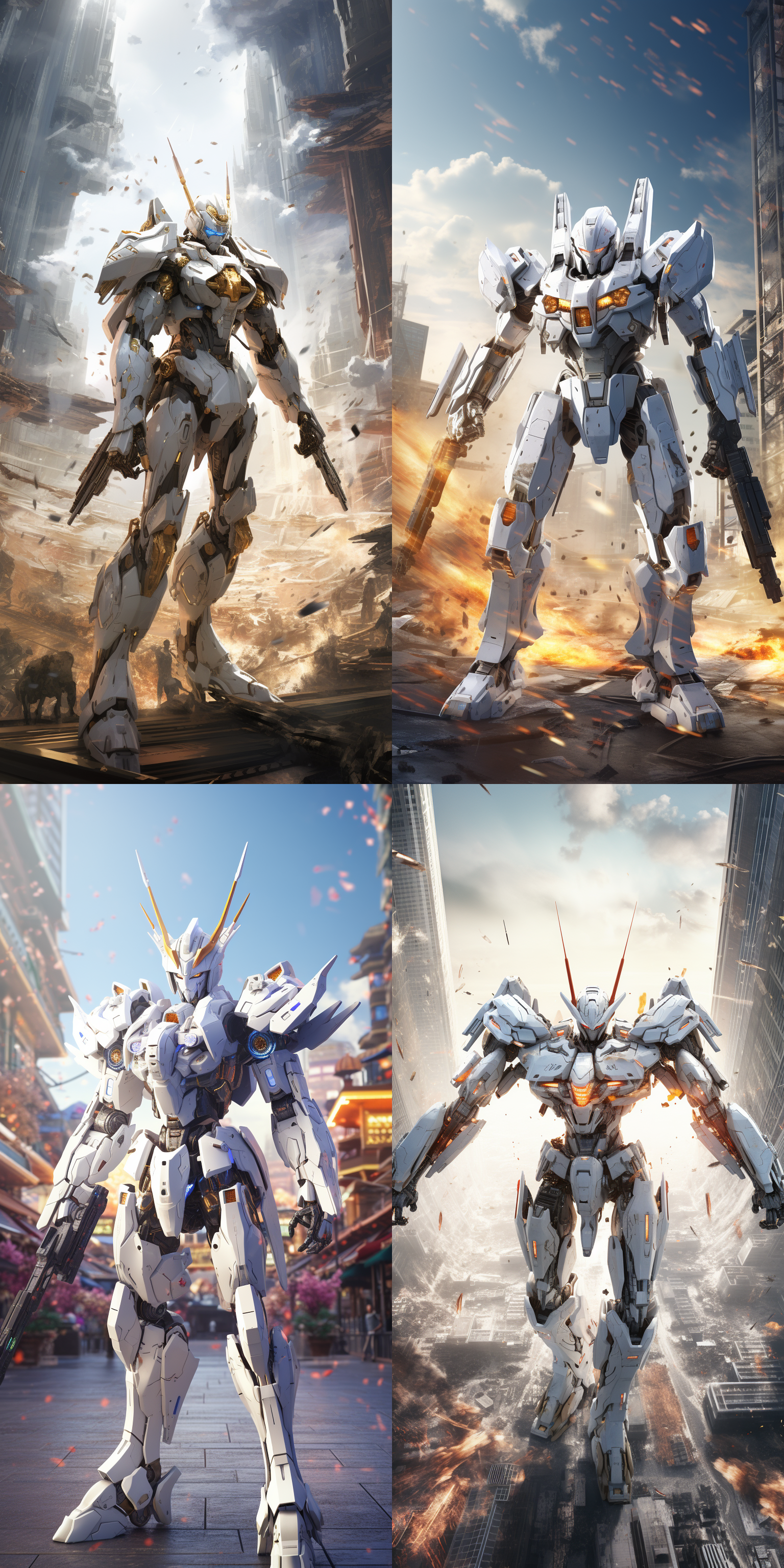 白色的高达机器人出现在城市空地里，随时准备战斗，画面紧张刺激空中出现战斗机，未来感，真实画面，明亮