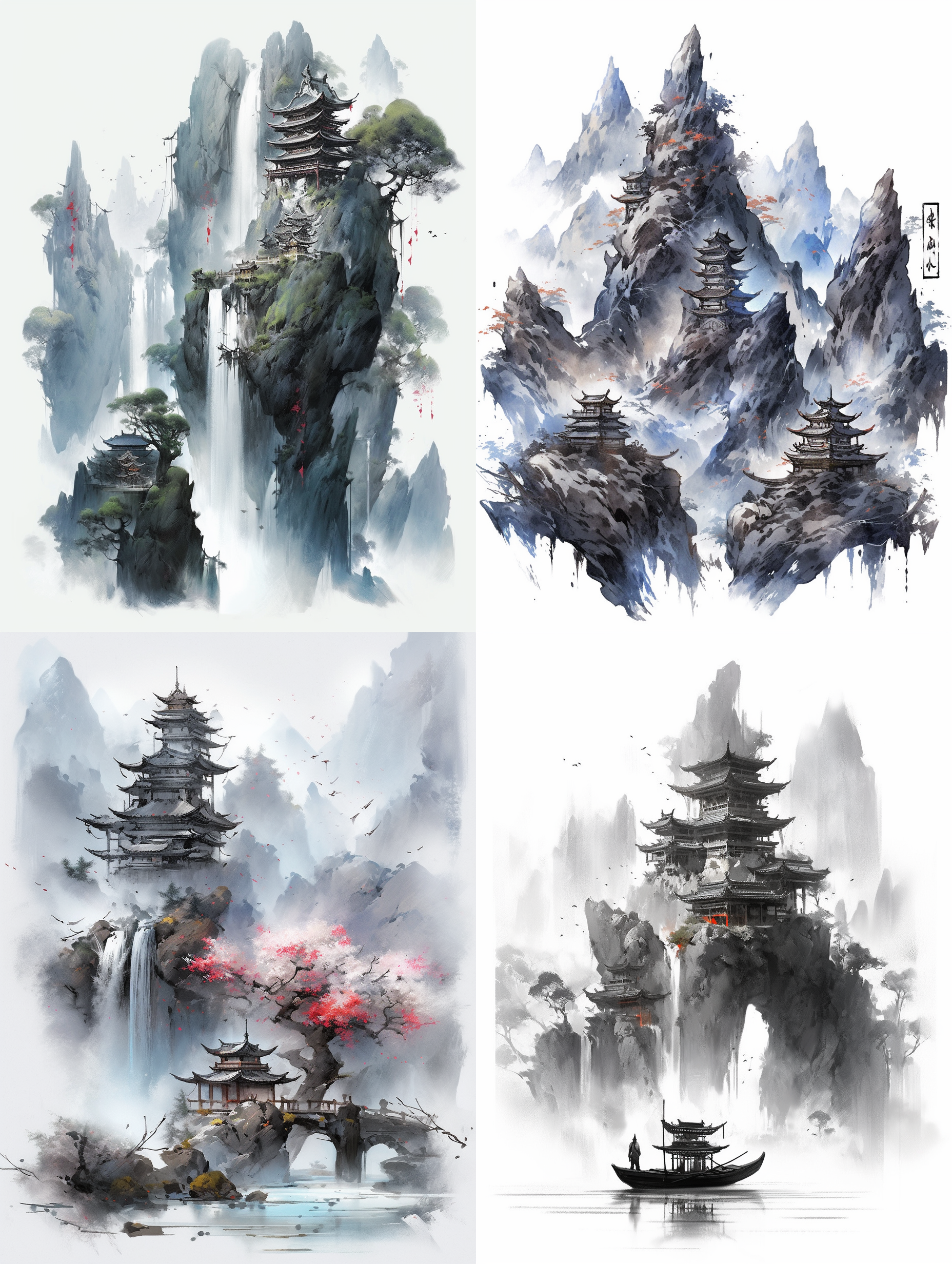 水墨风景，山水对景，简约构图，黑白色调，宽幅画面，清晰细节，静谧，沉静，诗意，深邃。