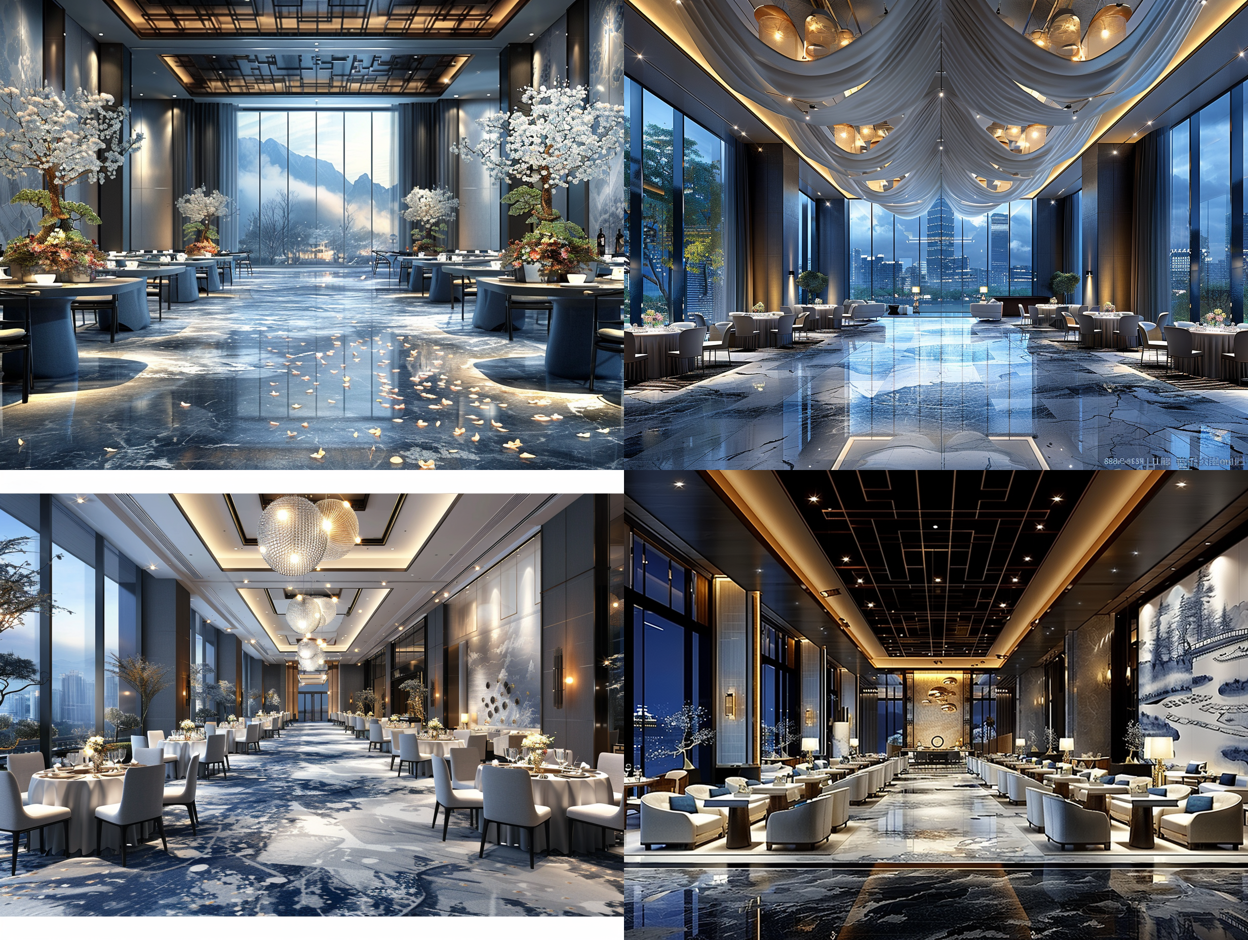 酒店宴会厅，五星级酒店，精致自然、度假放松、温馨舒适，有新意，高级感，简洁、大气，8k，细节，现代，墙面灰色们布，地面地毯，大空间，很多桌子，餐厅，几百人座位