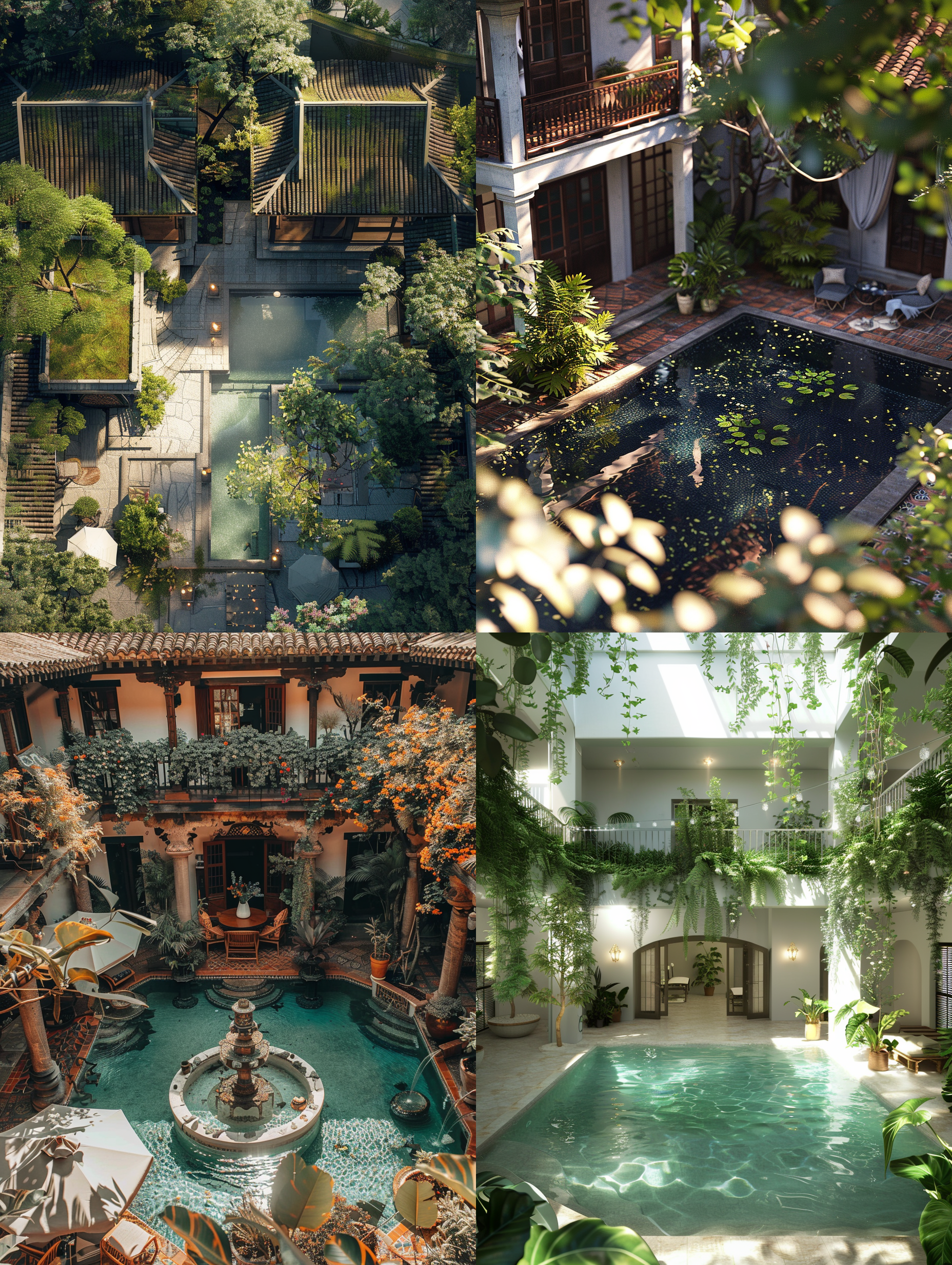 漂亮花园，中式小院，16k超高清壁纸，3层别墅，复古风格，俯拍，大片水池，阳光穿过树叶，中焦镜头，明亮色调，静态，优雅。