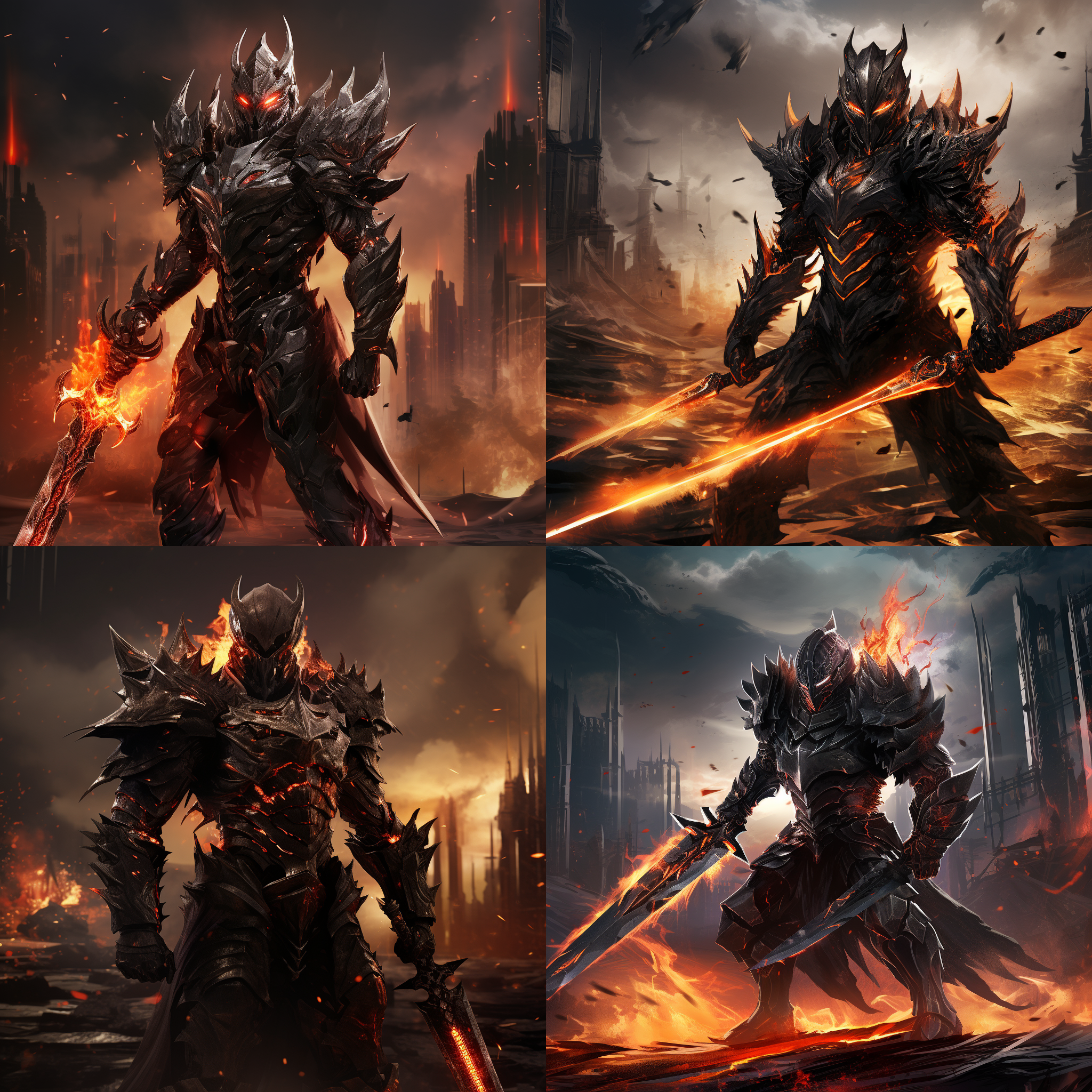 鬼灭之刃爆改机甲，机甲站立在燃烧的战场上，身披黑色金属铠甲，手持巨大刀剑，背景是燃烧的火焰和破碎的建筑物。科幻风格，战斗姿态，暗色调，高对比度，燃烧的火焰，金属质感，紧张，震撼。