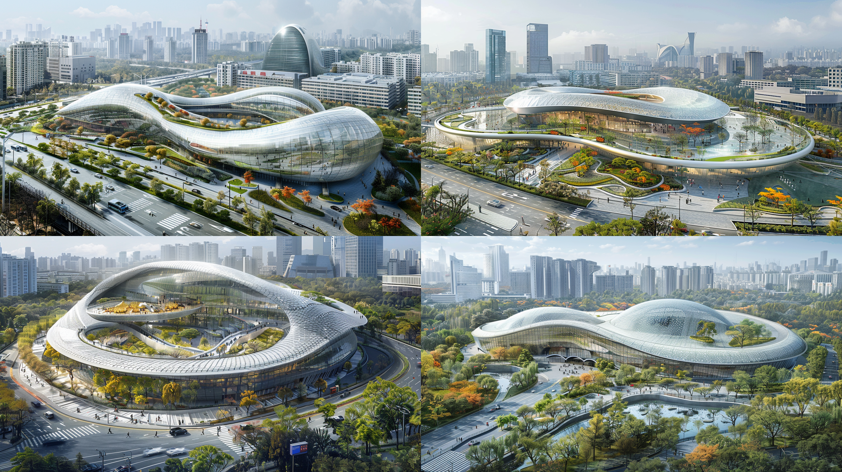 architectural landscape design, a super magnificent and spectacular modern expo center building with a style similar to that of the beijing bird's nest, located on the west bank of the river in the city, surrounded by the bustling cbd business center, urban forest park, colorful landscape trees, landscape plants, landscape flowers, perfect road interchange transportation system and traffic indication signs and systems, 8k picture quality, extremely strong urban aerial bird's-eye view, with a strong modern and future sense, showing extremely advanced architectural art and technology.