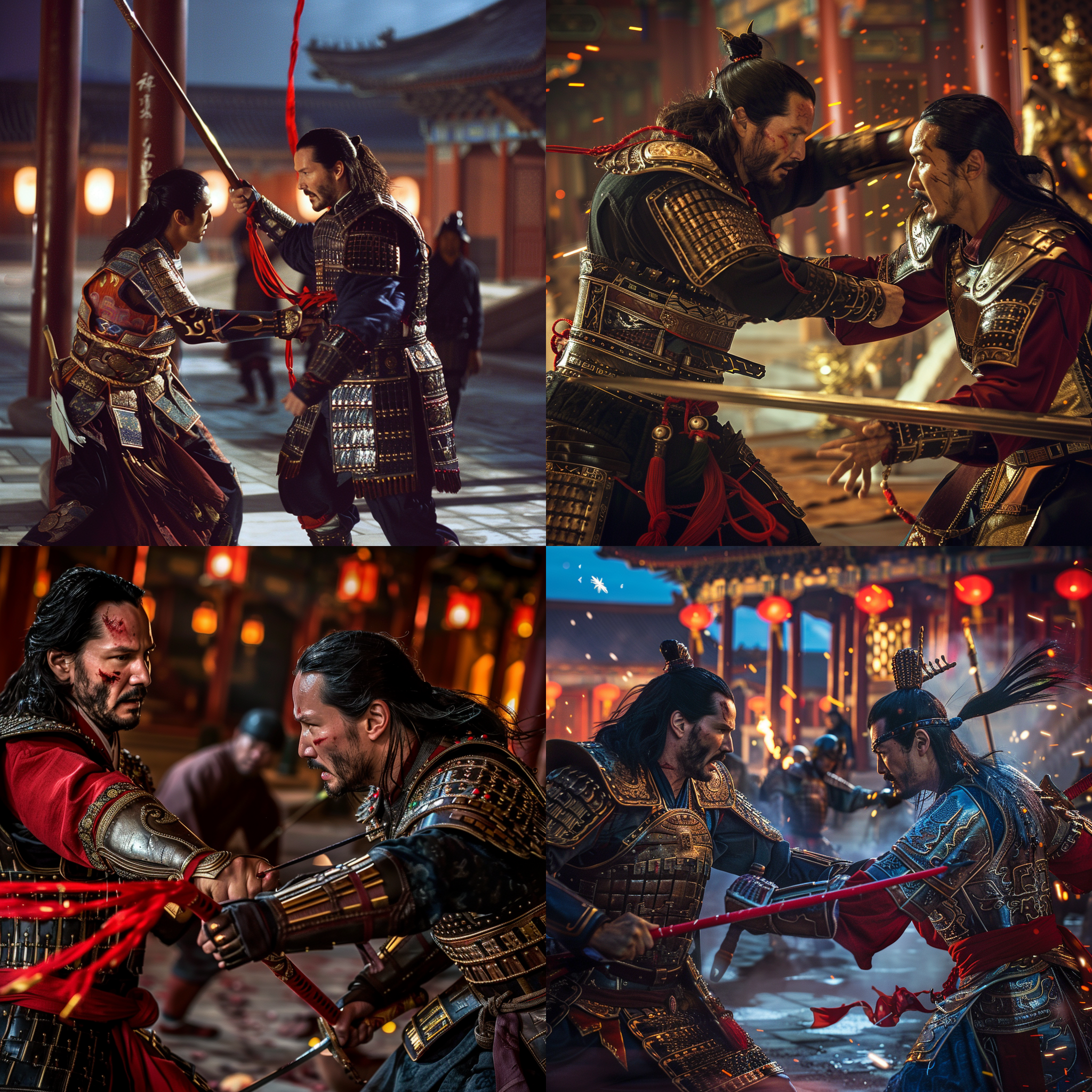 基努李维斯，穿中式盔甲，手上拿着一柄红缨枪，和穿着唐装的李连杰对打。全身镜，背景是晚上的紫禁城，写实摄影，电影照明，高质量，8k画质，多细节，高细节，c4d