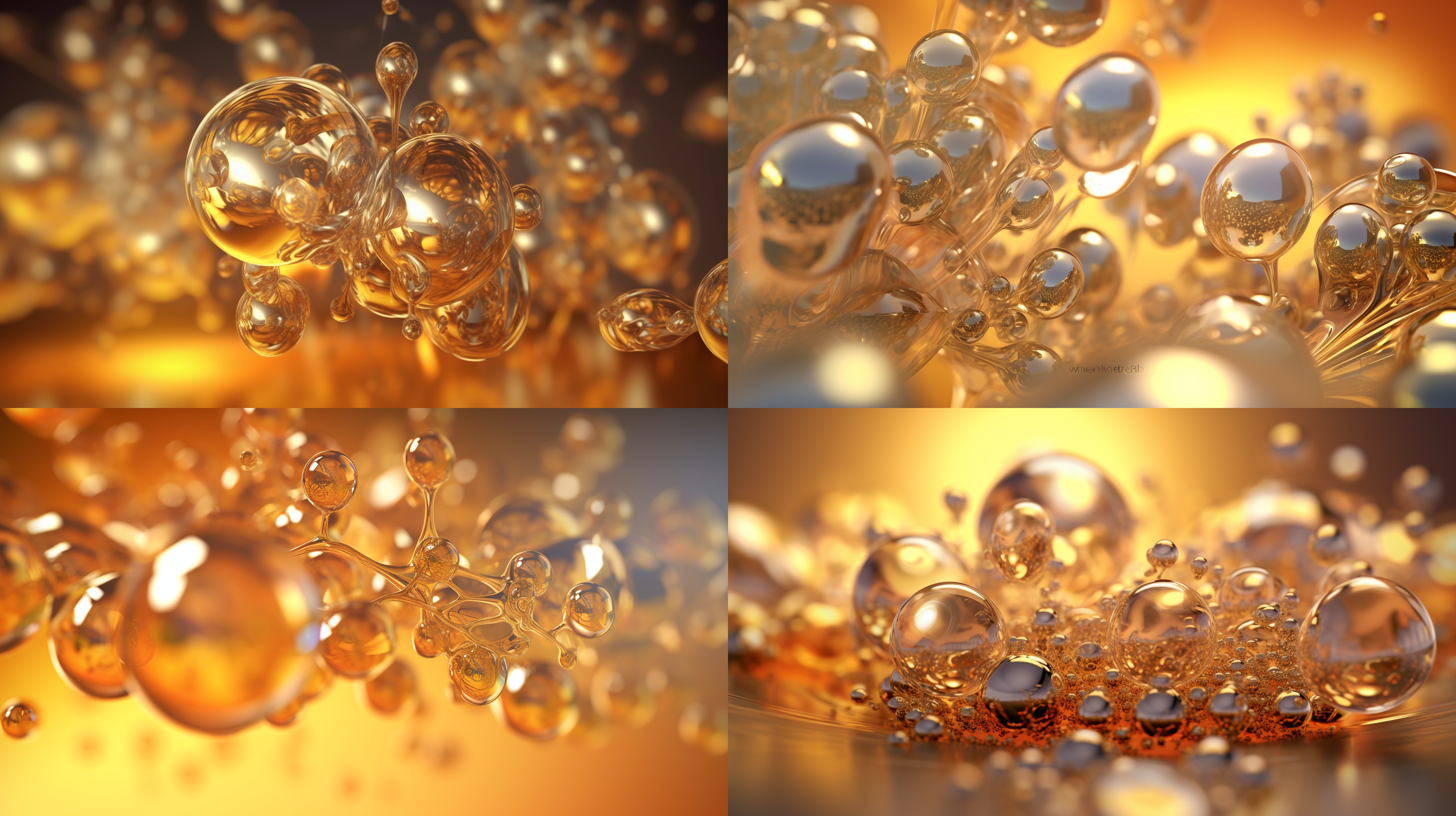 透明分子精华，透明的::1,油泡拉丝背景，辉光，光斑，粒子光效，漂浮在浅金色背景上，32k，逼真超细渲染，精致材料，c4d，oc渲染，无人 奢华金 液体黄金 流体 明亮的 氛围感照明