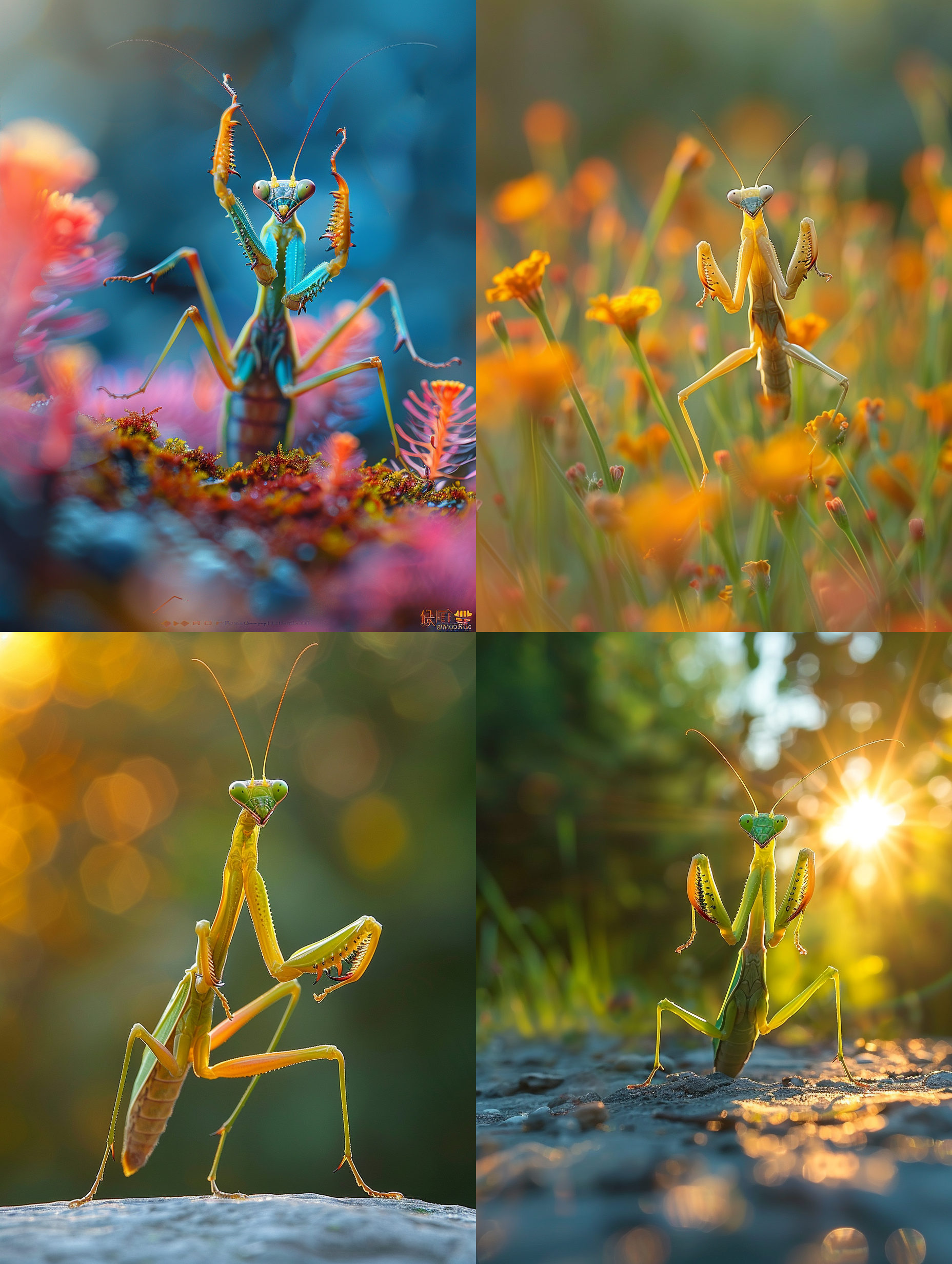 螳螂功夫姿势，鲜艳色彩，自然环境，中焦镜头，细节丰富，动作凝固，瞬间抓拍，对比强烈，威严气质，充满活力。