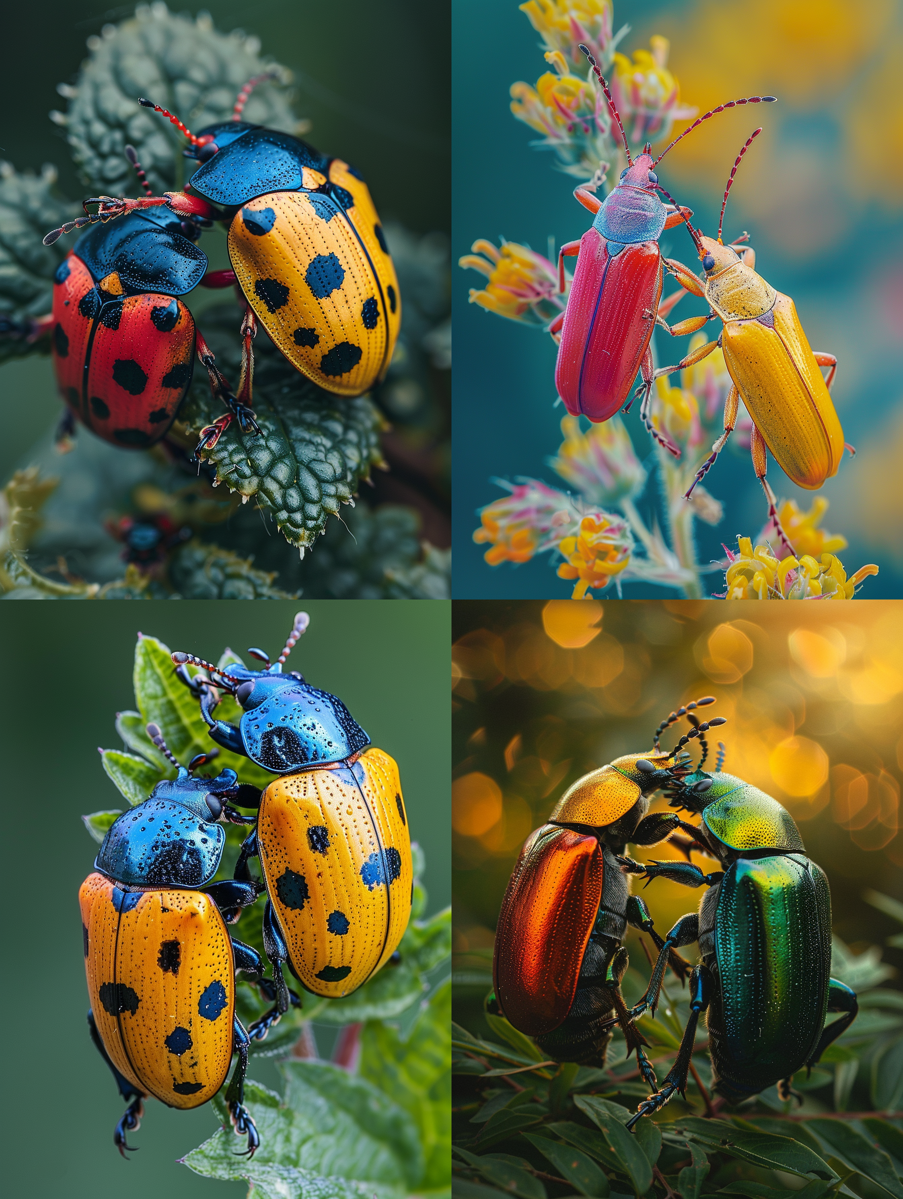 彩色甲虫格斗，微距镜头，自然环境，细节丰富，动态对比度，植物上，明亮色调，相互纠缠，挣扎。