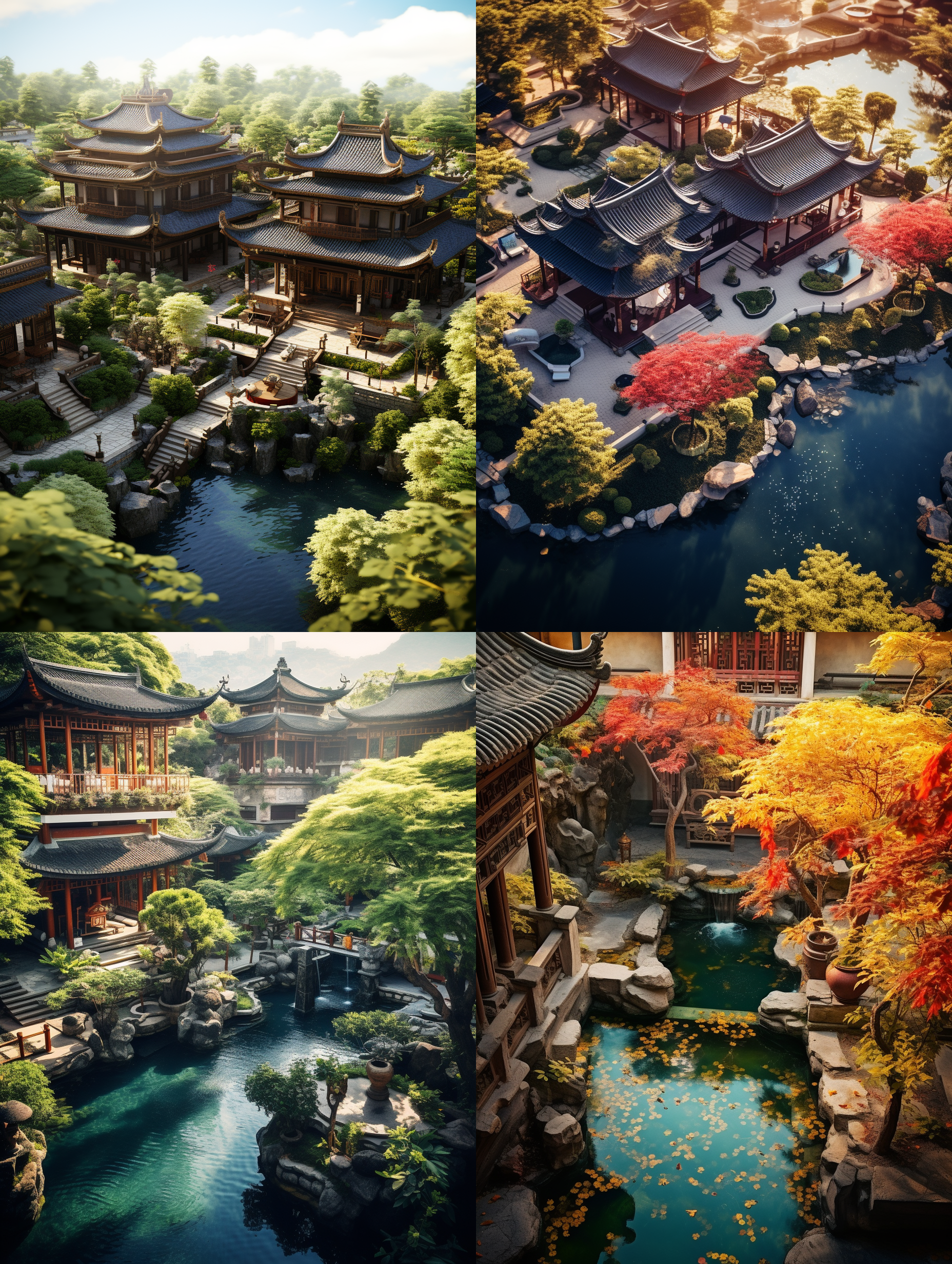 中式小院，漂亮花园，16k超高清，3层别墅，复古风格，俯拍，大片水池，阳光穿透树叶，中焦镜头，明亮色调，静态，优雅。