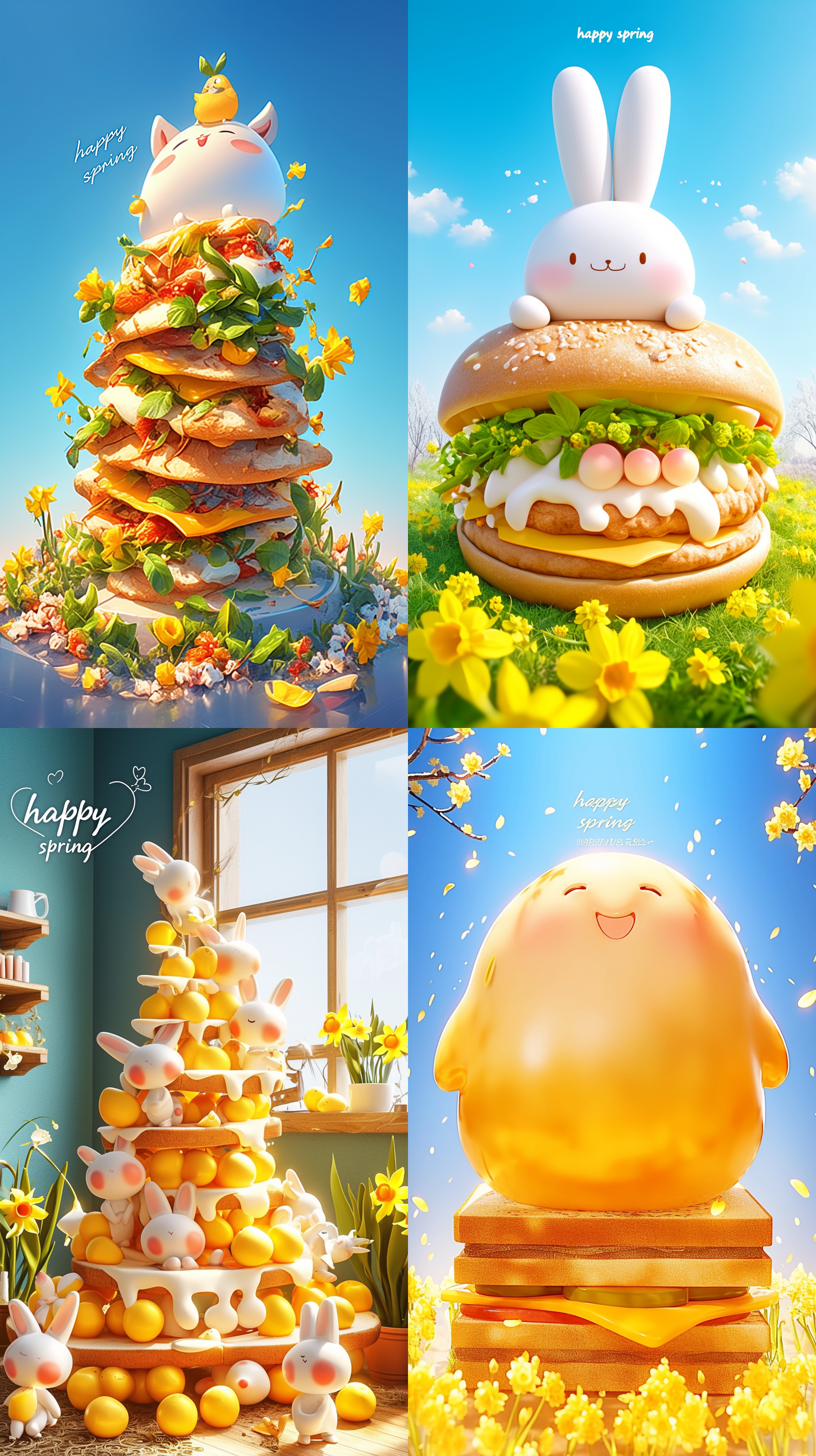 3d illustration of a cute white rabbit sitting on top of an oversized sandwich with daffodils and a blue sky in the background, "happy spring" written above it, asian painting style, pixar style, soft shading, emotive fields of color, minimalist style, ethereal landscapes, rainbowcore, dreamy lofi photography, covered in yellow flowers and green grass, using bright pastel colors