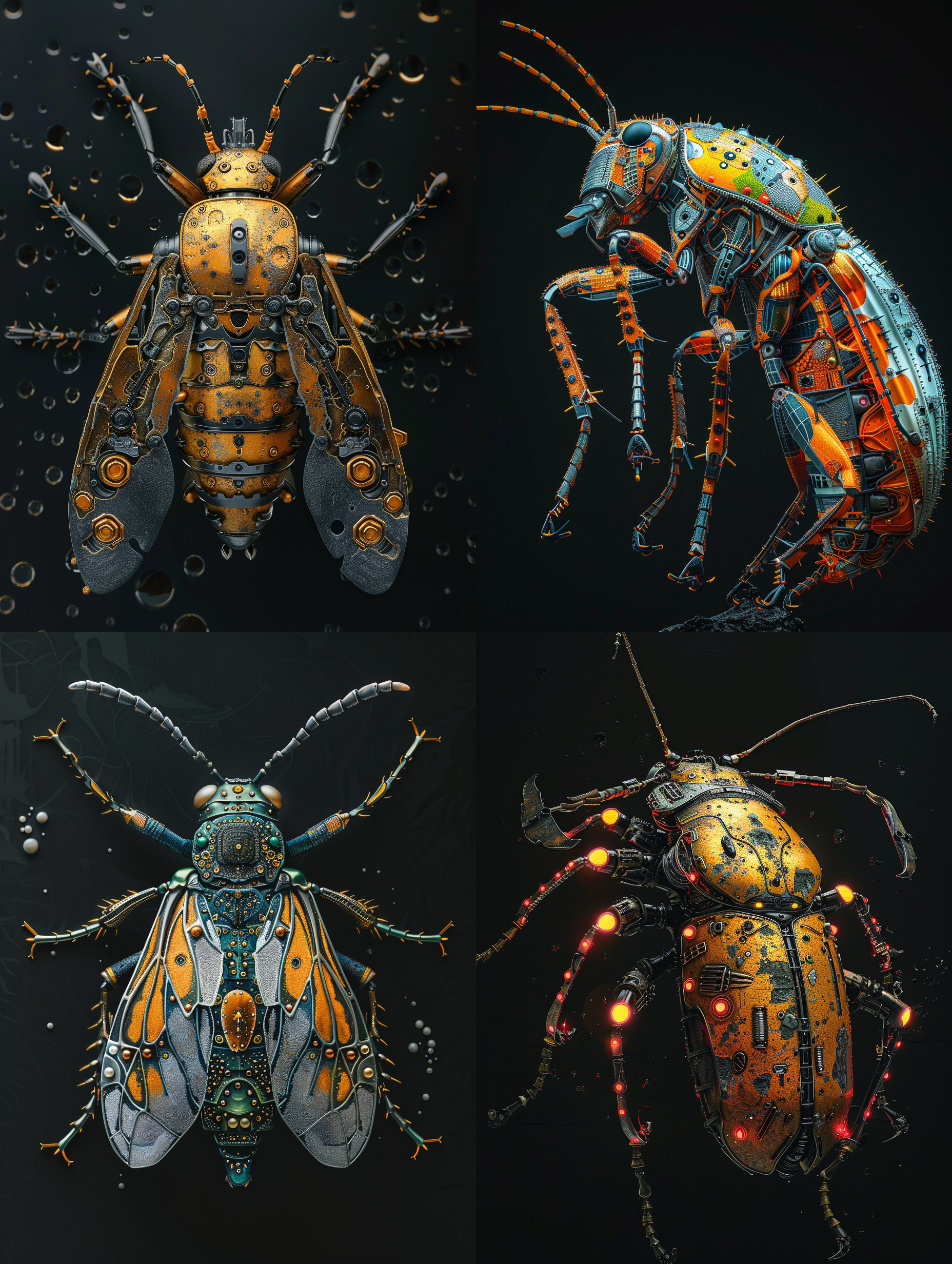 机械昆虫，奇形怪状，丰富色彩，微距镜头，黑背景，金属质感，发光元素，夸张动作，科幻风格。