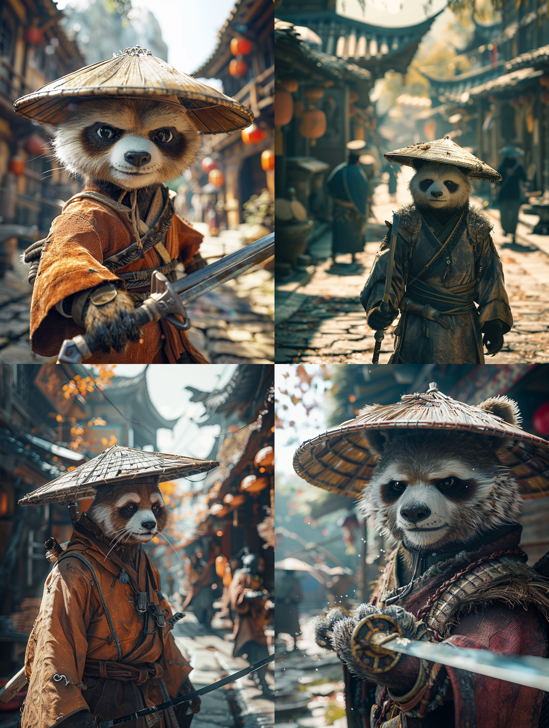 戴斗笠的熊猫三刀流剑客，古代街道，高角度视角，明亮色调，广角镜头，侧光，挥剑动作，紧张，自信。