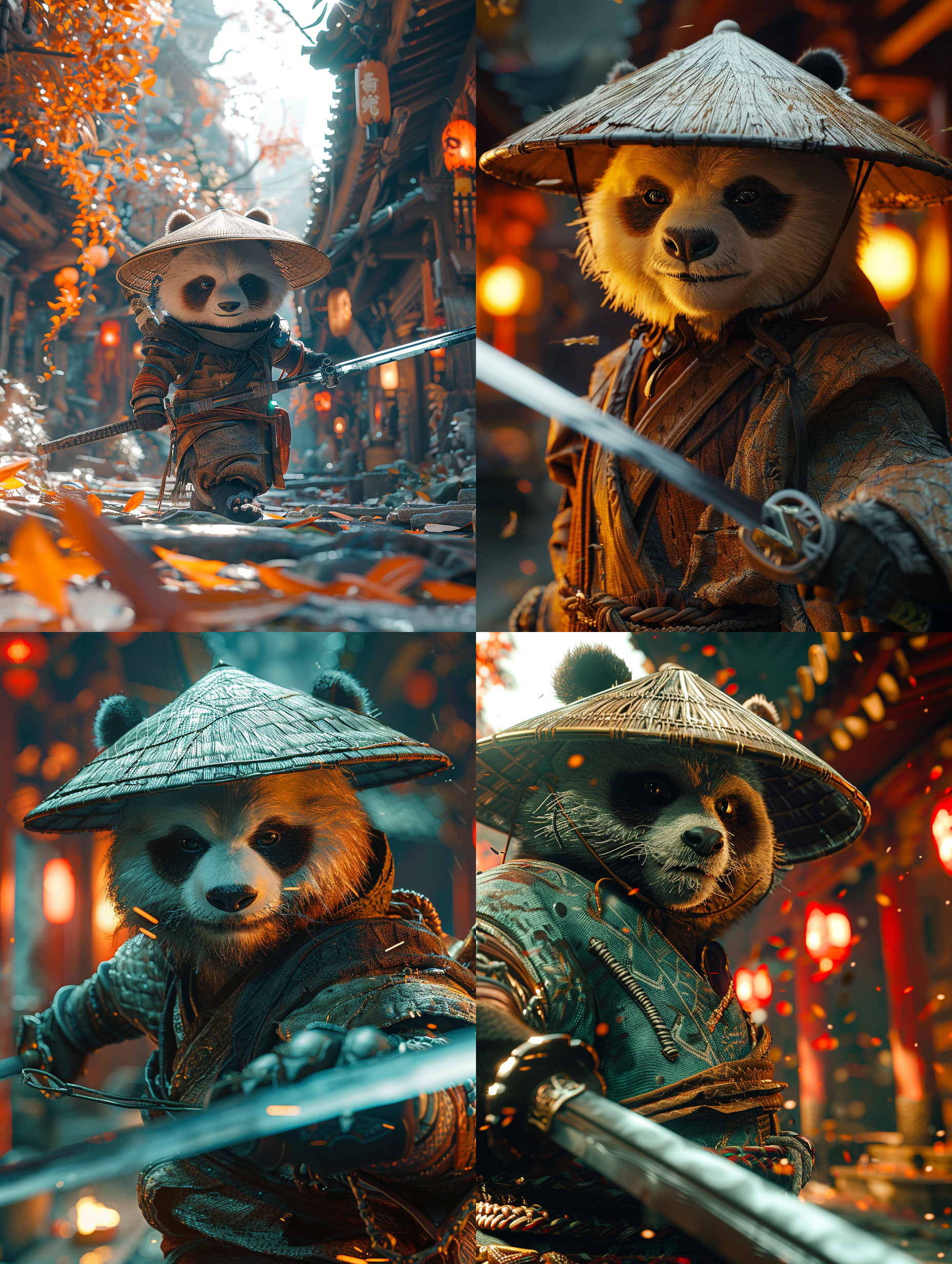 戴斗笠的熊猫三刀流剑客，古代街道，高角度视角，明亮色调，广角镜头，侧光，挥剑动作，紧张，自信。