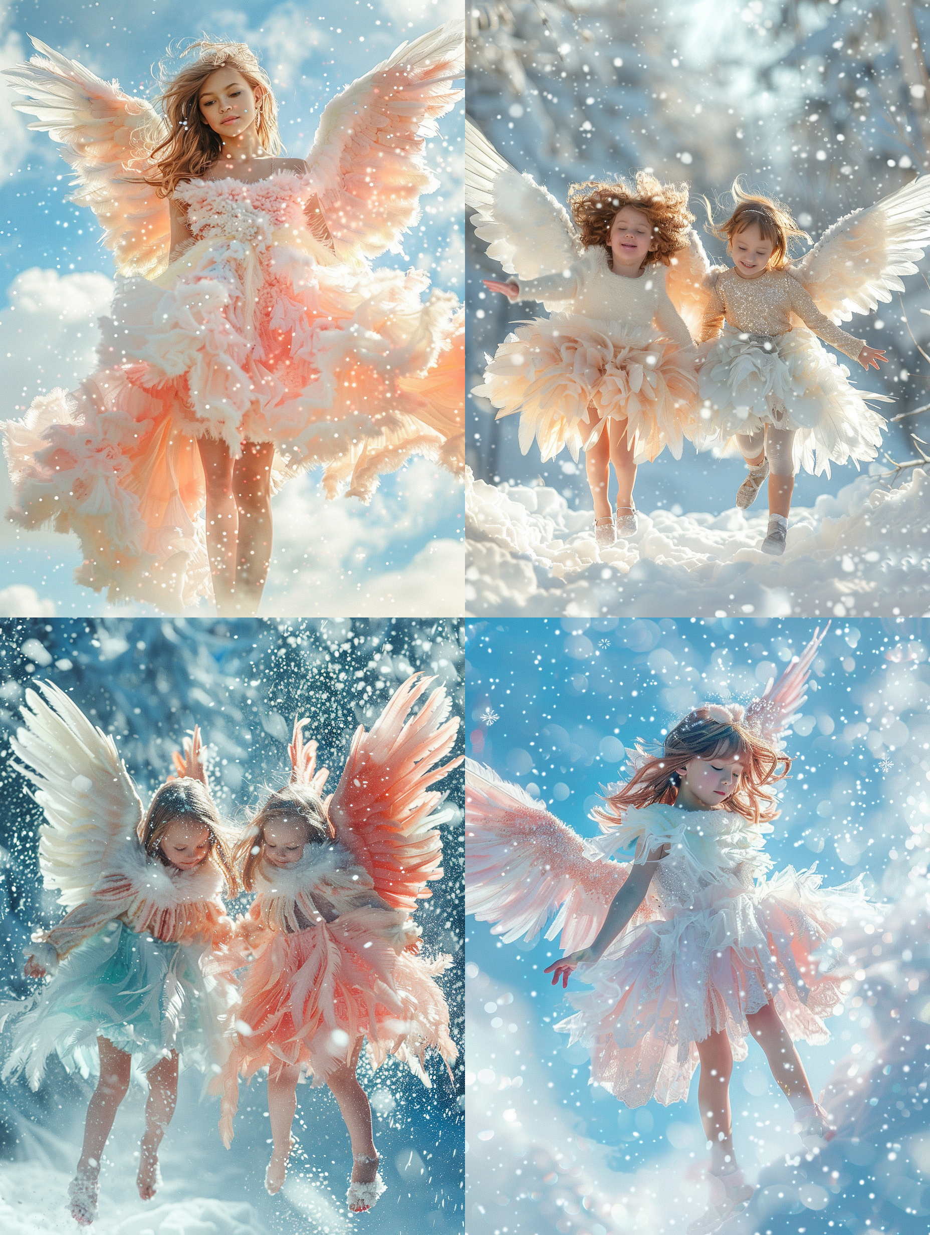 可爱天使飞翔，高空背景，绚丽彩色翅膀，柔和光线，飘动裙摆，快门速度快，欢乐，梦幻色彩，温暖情感。