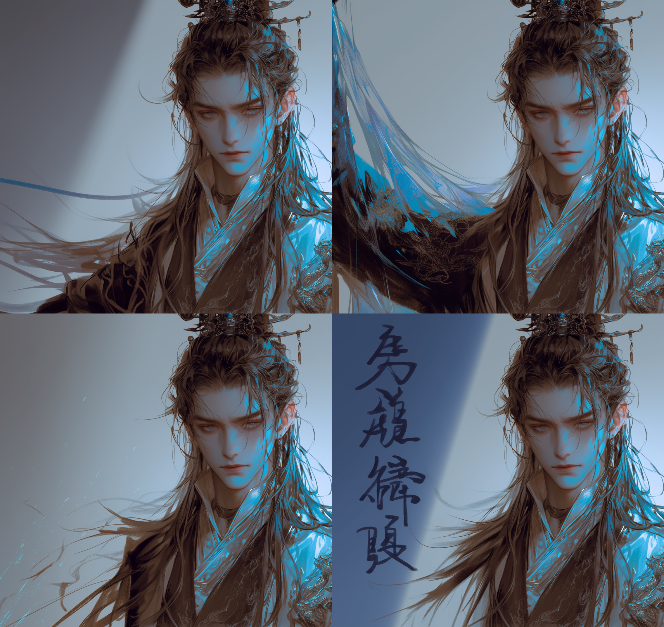 immortal,chinese boy，long hair,halo,handsome, mystical,light covered cloth, chinese cloth，chinese ink painting，fantasy illustration, anime aesthetic,dreamlike charming characters, waist,