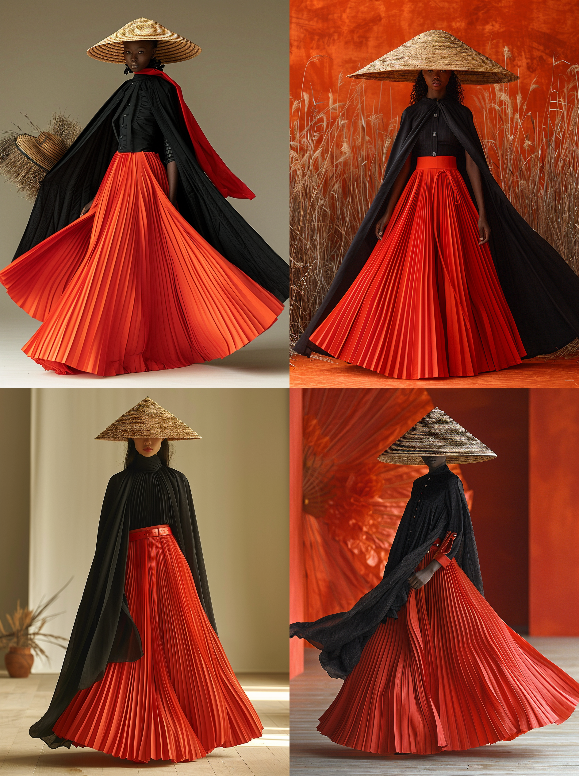 minimalist style fashion photography for fashion magazine cover, model wearing oversized black cape and red pleated skirt walking down runway, wearing conical hat made of straw, facing forward in fashion pose for full body shot, solid color background, studio lighting, high-resolution photography, using lomography color negative f476/30 film in hasselblad x2d 100c style to capture ultra-realistic photos with grainy textures.
