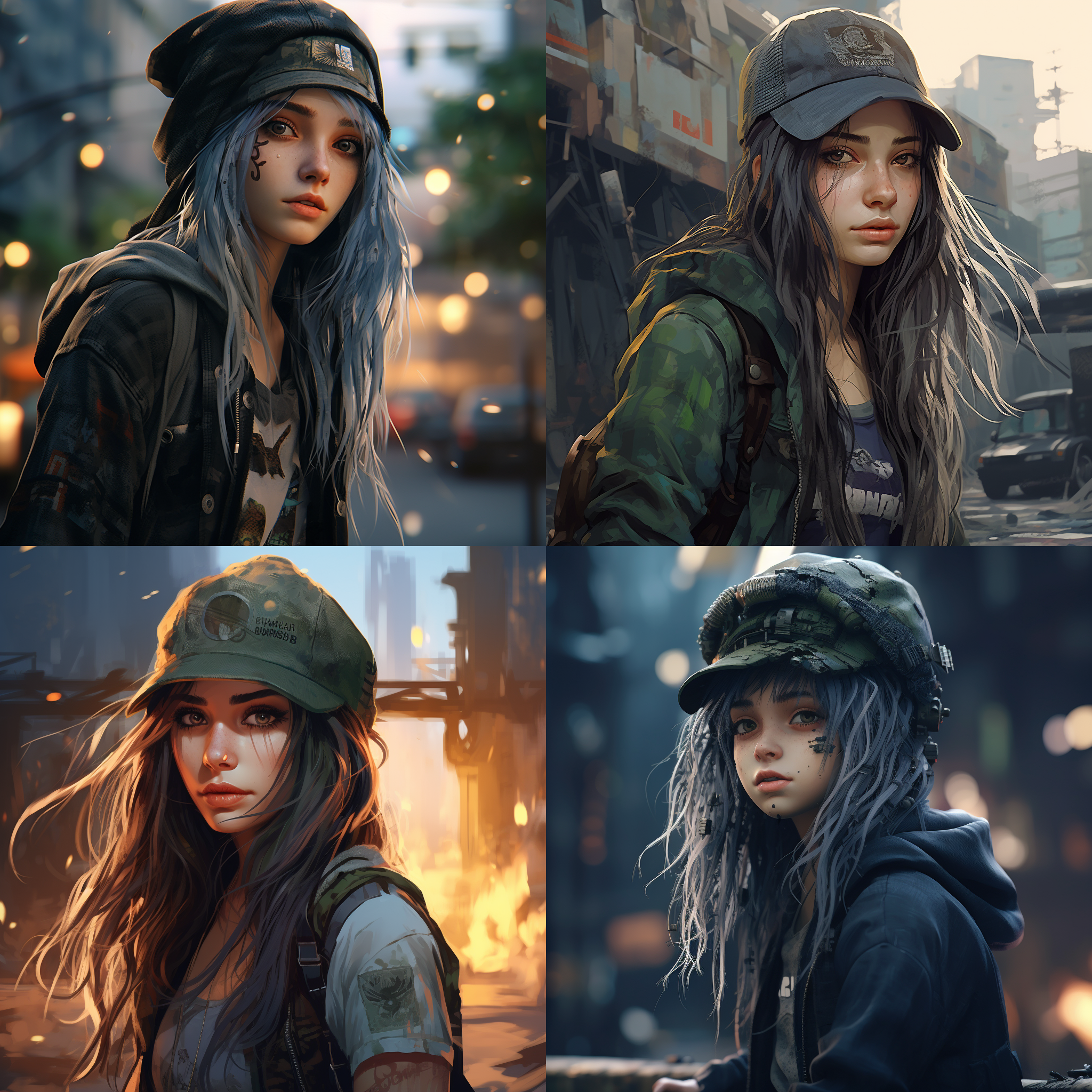 [一个美丽的女孩, 眼睛很大, 精致的五官, 蓝色的长发]::3, [一个帅气的 男孩, 很酷, 戴着鸭舌帽, ]::2, [末日后赛博朋克的城市, 长满藤蔓, 被毁坏的建 筑, 雾霾的天空]::, 后面加光效、渲染引擎等