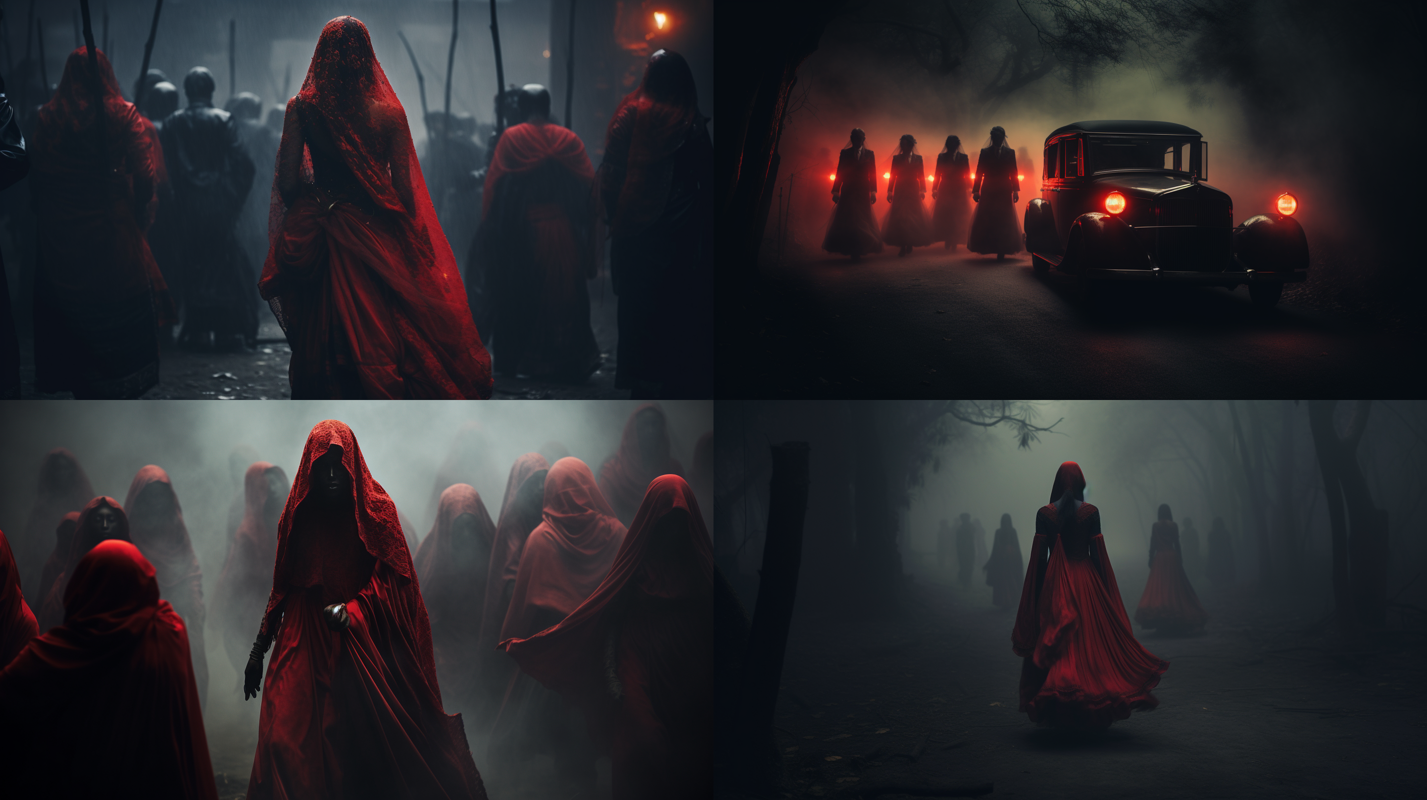 浓雾缭绕, 阴暗背景, 古代风格, 传统服饰, 迎亲队伍, 唢呐奏响, 大红色花轿, 神秘诡异, 身影朦胧, 模糊, 暗调, 红色对比, 高饱和, 紧张, 传统仪式, 神秘氛围。