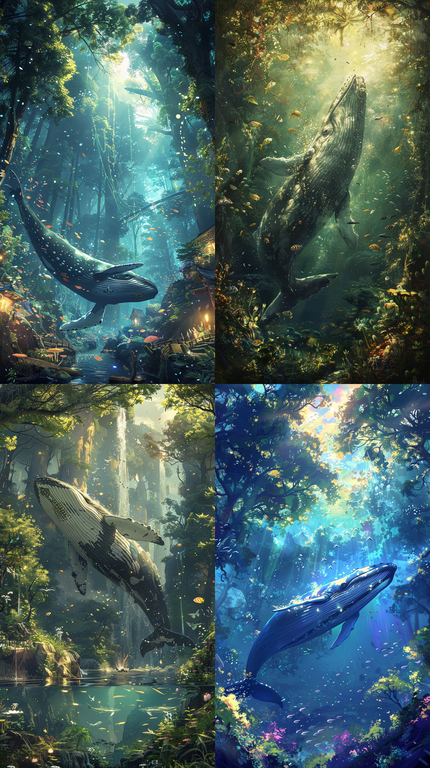 森林 大自然 裡面有一隻鯨魚在游泳 夢幻 自然元素