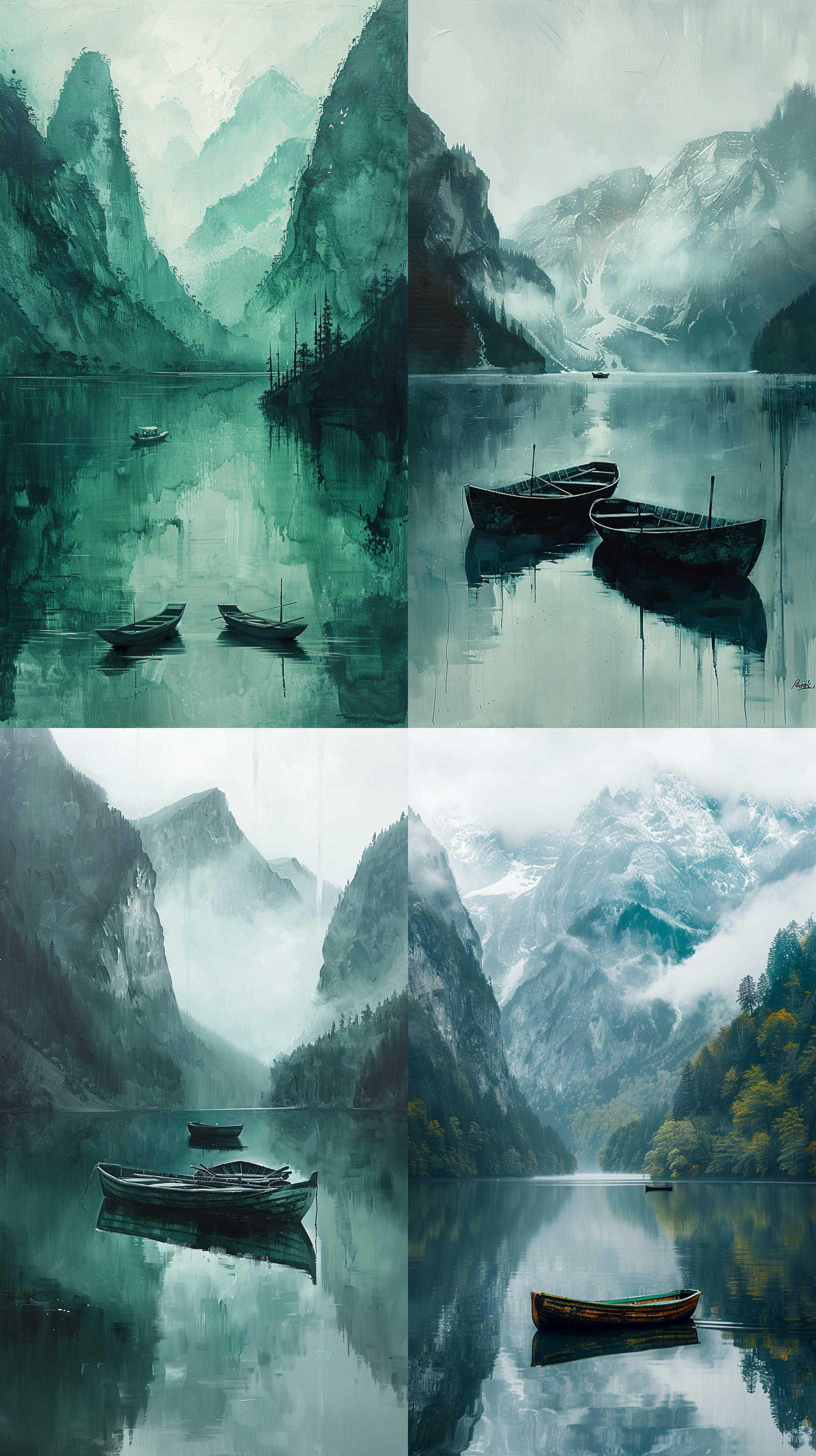 a painting featuring a lake and two boats, in the style of oriental minimalism, light gray and emerald, jessica rossier, monochromatic minimalist portraits, mountainous vistas, dark white and teal, poetic minimalism