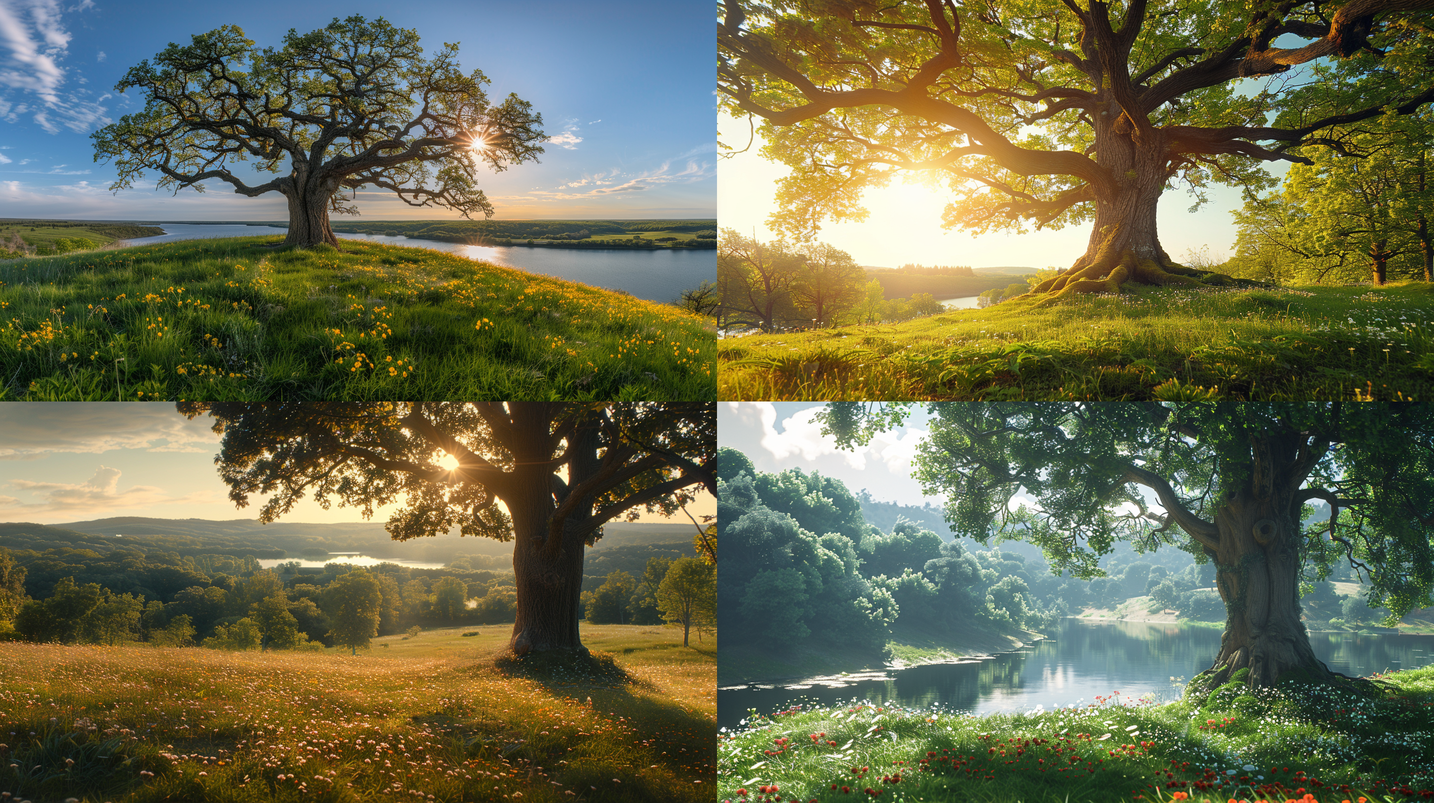 大树屹立山丘，枝繁叶茂，草地、鲜花环绕，远处湖泊、树林，阳光灿烂。广角镜头，大景深，高清彩色摄影。