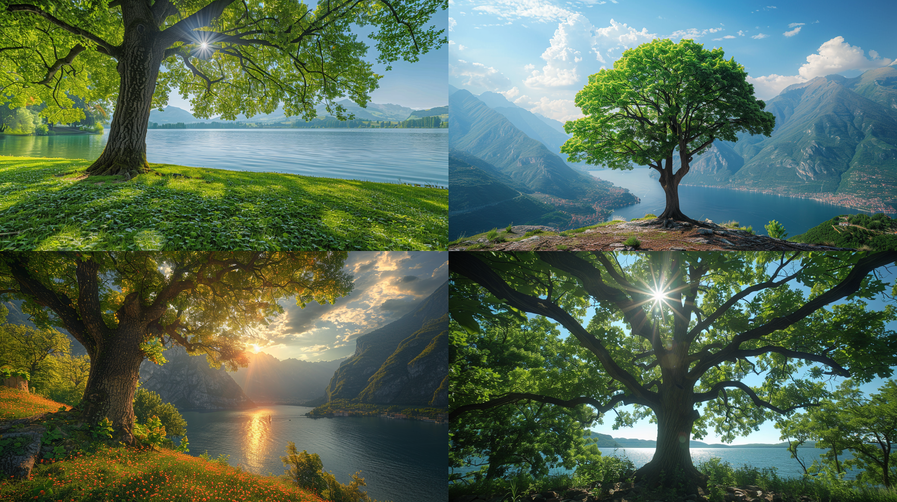 大树屹立山丘，翠绿树叶，湖泊、树林背景，阳光灿烂，广角镜头，大景深，高清彩色摄影, 自然风光, 山脉, 草地, 鲜花, 山丘, 湖泊, 树林, 光影, 宁静, 和谐。
