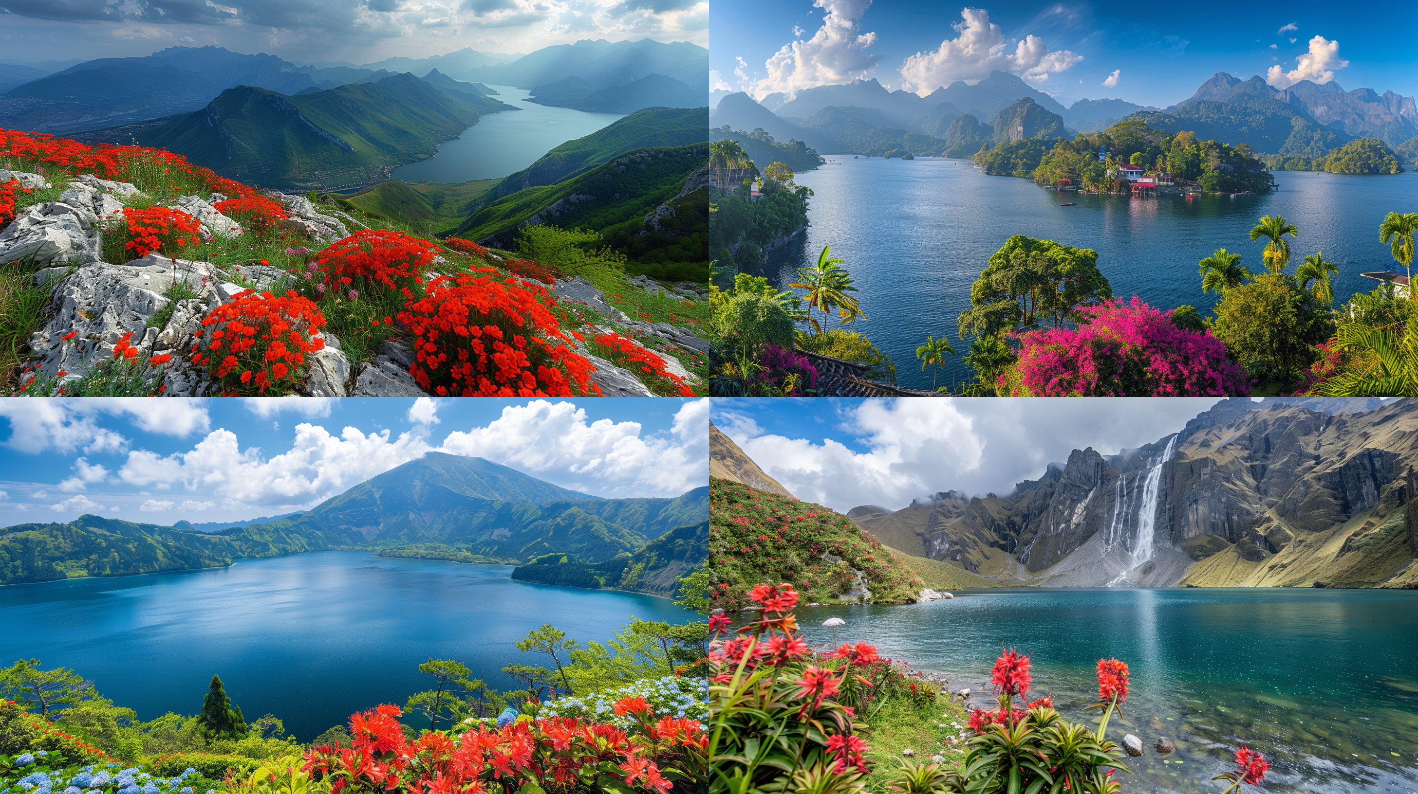 大树林立山坡，湖光山色，翠绿浓密，鲜花盛放，阳光明媚，广角视角，大景深，彩色摄影，高清画质。