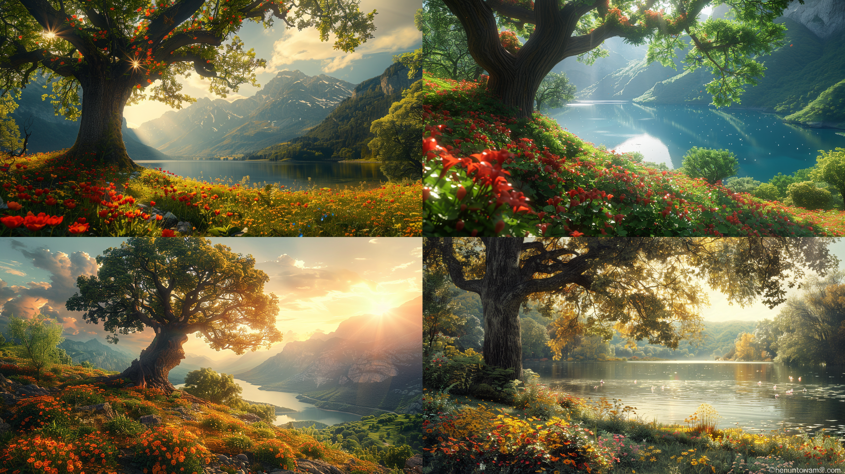 远远的山坡上有一棵大树，树冠很大，枝繁叶茂，树叶翠绿，茂盛，有湖泊，草地、鲜花，远处阳光灿烂。广角镜头，大景深，彩色，高清摄影