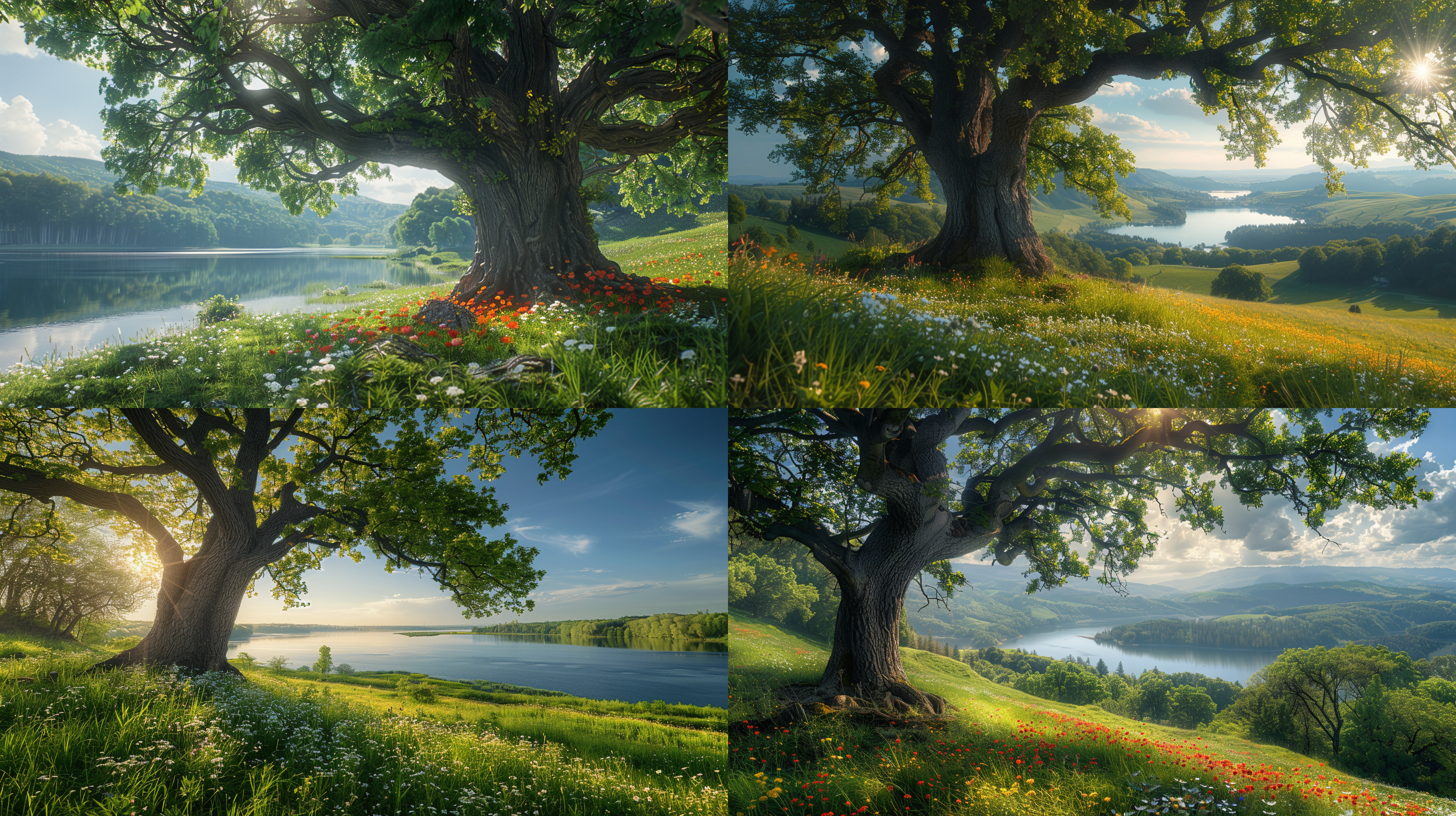 大树屹立山丘，枝繁叶茂，草地、鲜花环绕，远处湖泊、树林，阳光灿烂。广角镜头，大景深，高清彩色摄影。