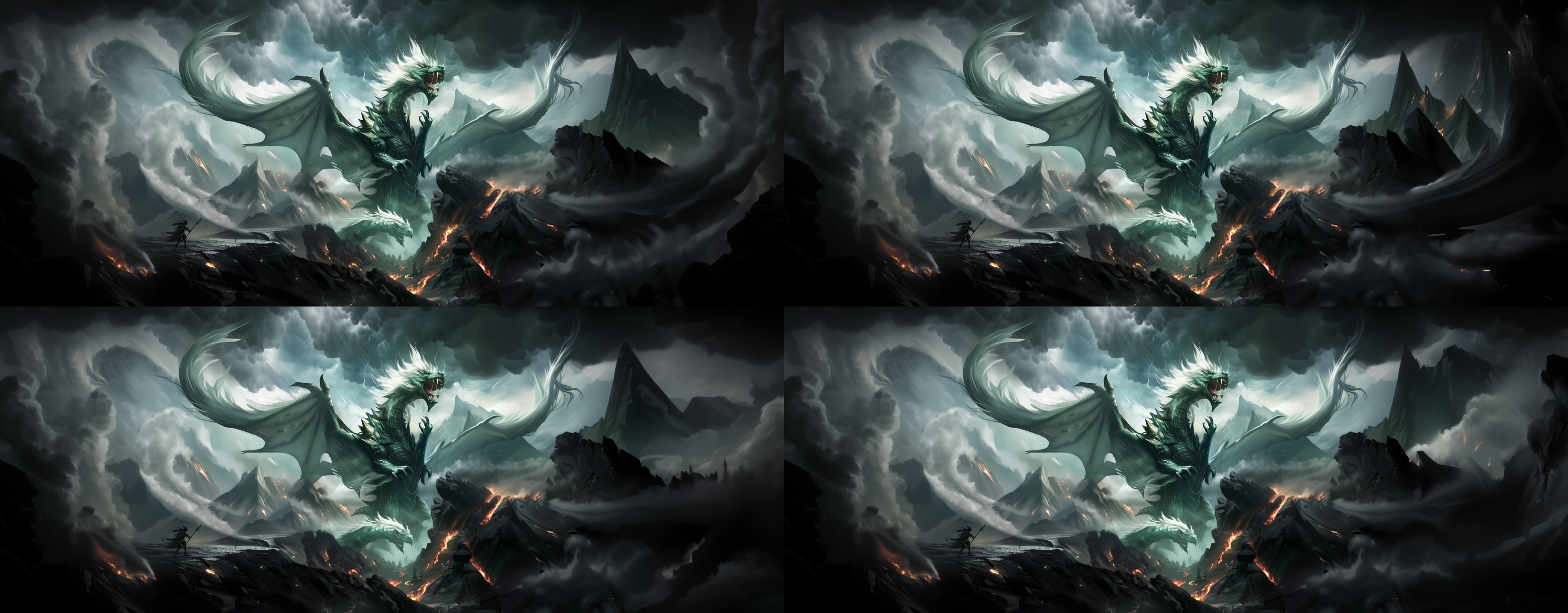 山脉燃烧火苗，恐怖气氛，暗黑色调，大光圈，远景，燃烧，烟雾缭绕，火光闪烁，紧张，危险。